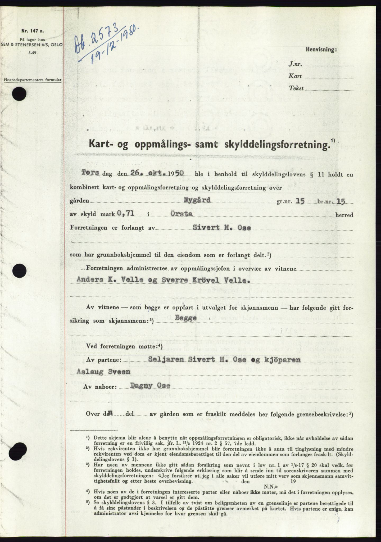 Søre Sunnmøre sorenskriveri, SAT/A-4122/1/2/2C/L0088: Pantebok nr. 14A, 1950-1951, Dagboknr: 2573/1950