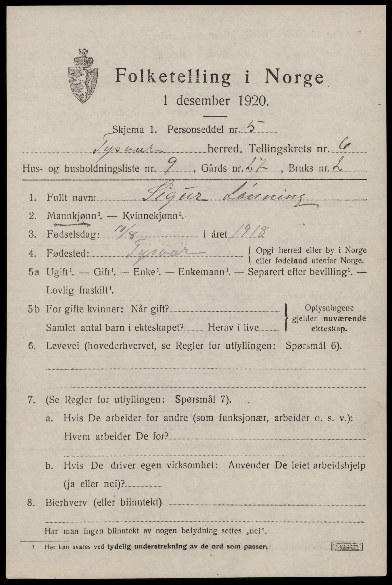 SAST, Folketelling 1920 for 1146 Tysvær herred, 1920, s. 2168