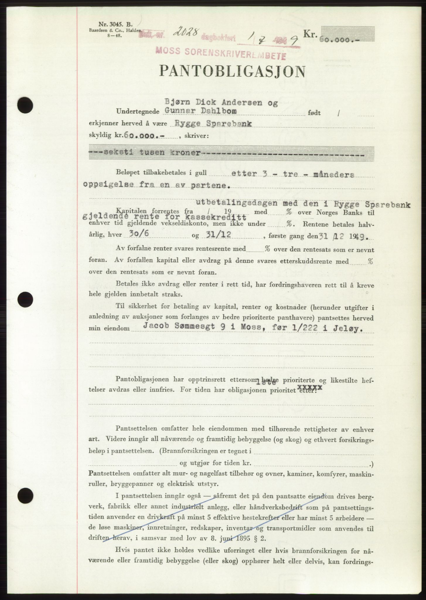 Moss sorenskriveri, SAO/A-10168: Pantebok nr. B22, 1949-1949, Dagboknr: 2028/1949