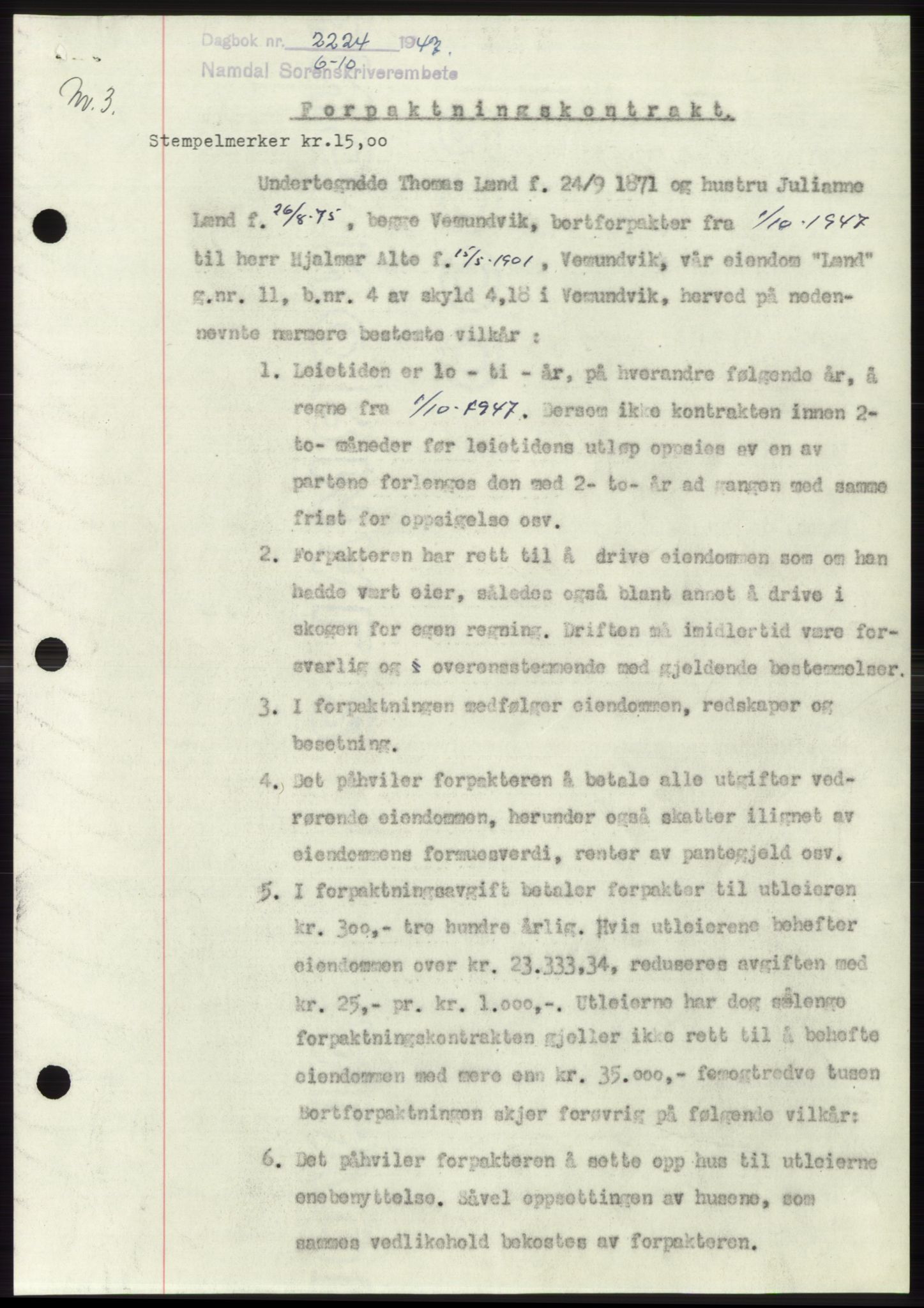 Namdal sorenskriveri, SAT/A-4133/1/2/2C: Pantebok nr. -, 1947-1947, Dagboknr: 2224/1947