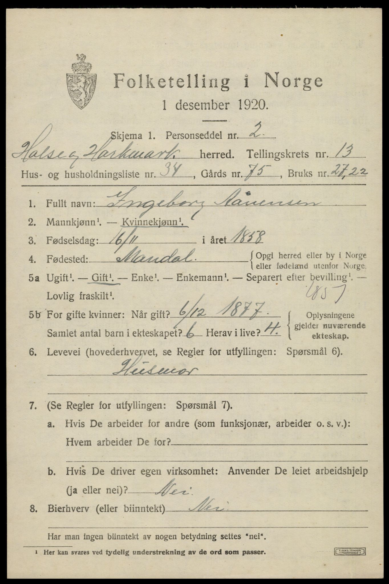 SAK, Folketelling 1920 for 1019 Halse og Harkmark herred, 1920, s. 7313