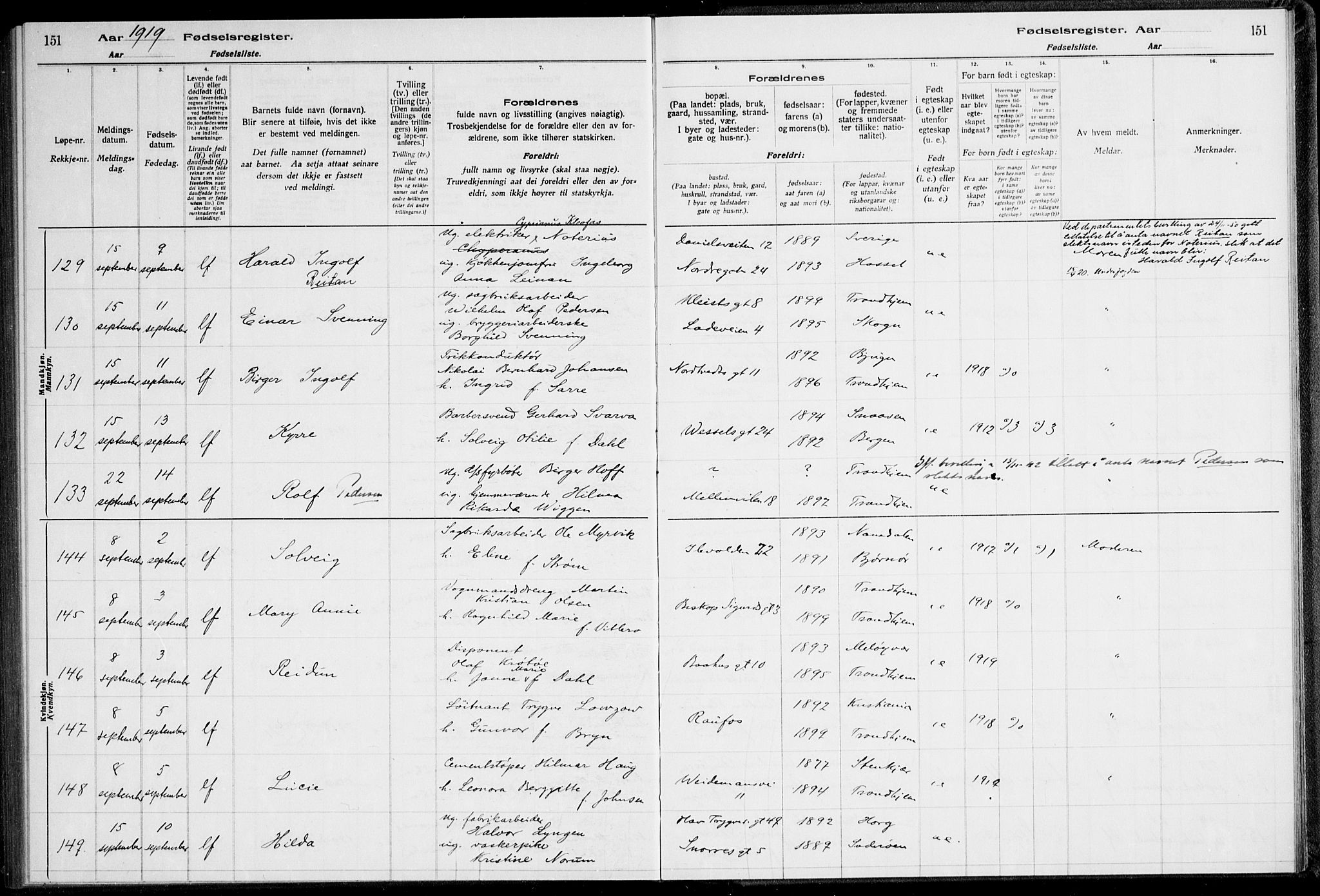 Ministerialprotokoller, klokkerbøker og fødselsregistre - Sør-Trøndelag, SAT/A-1456/600/L0002: Fødselsregister nr. 600.II.4.1, 1916-1920, s. 151
