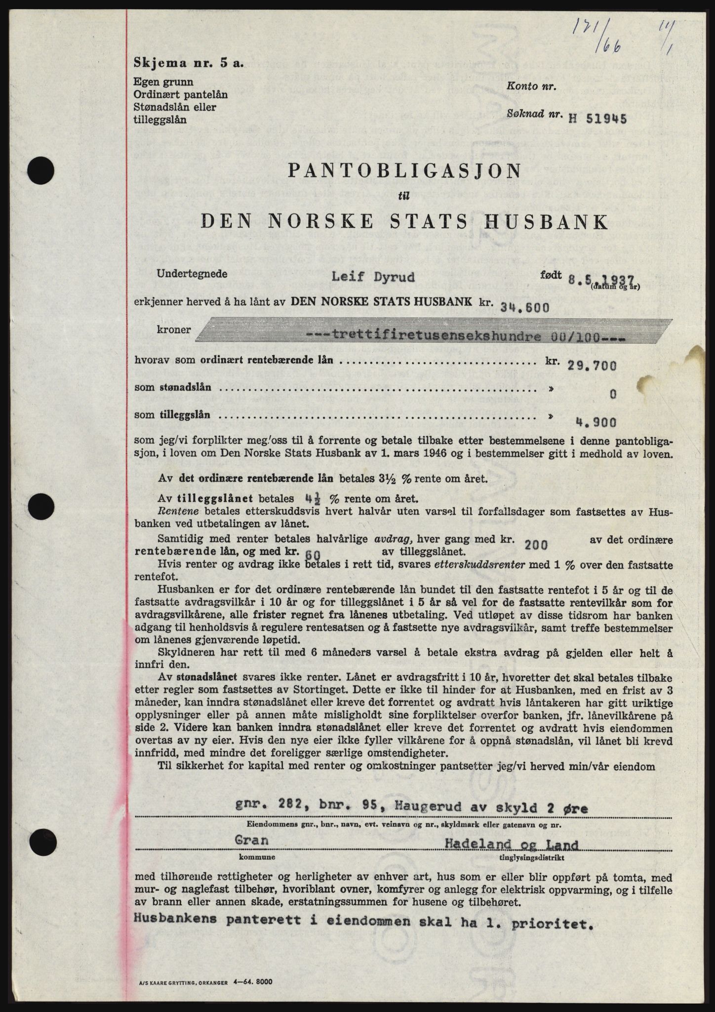 Hadeland og Land tingrett, SAH/TING-010/H/Hb/Hbc/L0061: Pantebok nr. B61, 1965-1966, Dagboknr: 171/1966