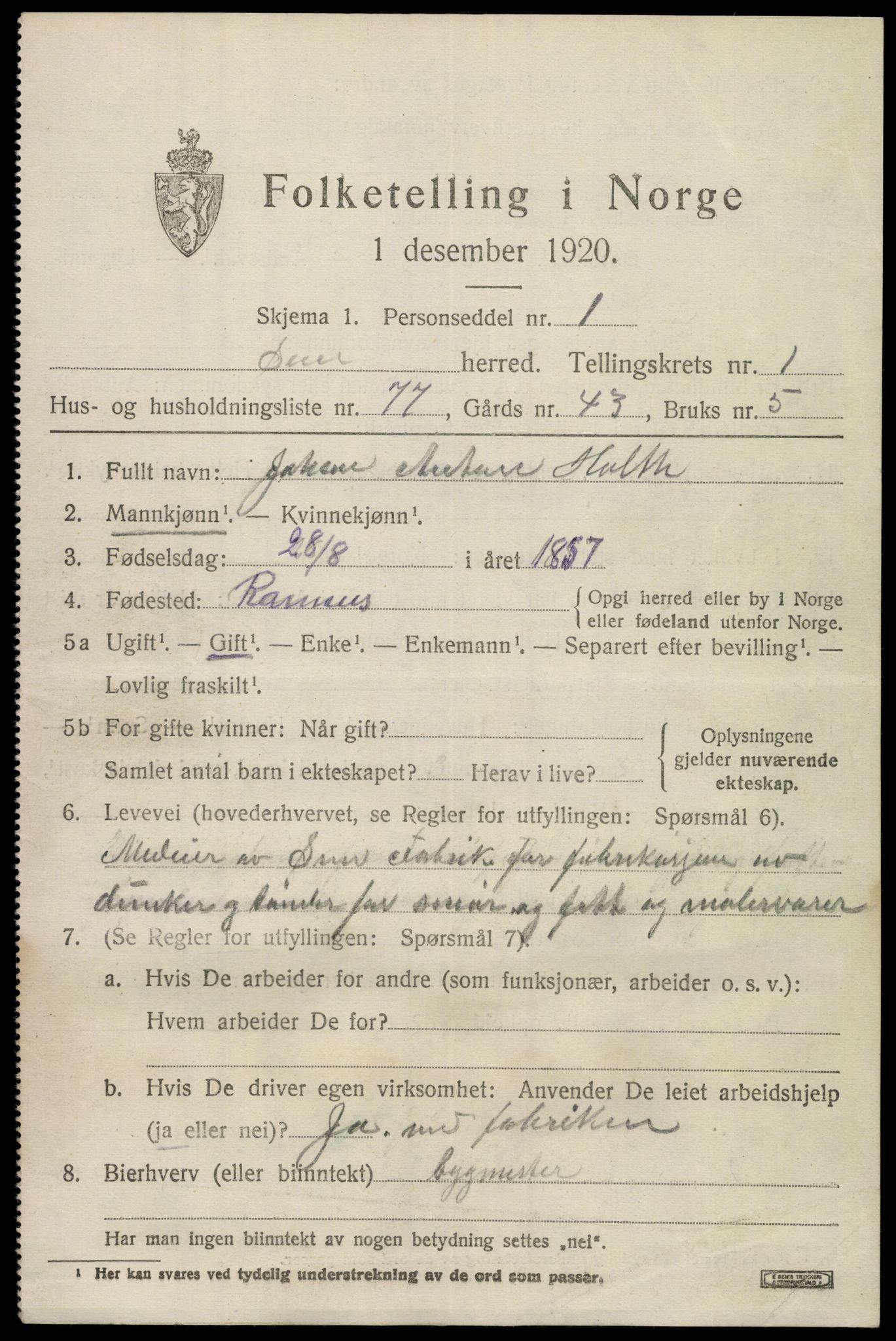 SAKO, Folketelling 1920 for 0721 Sem herred, 1920, s. 3607