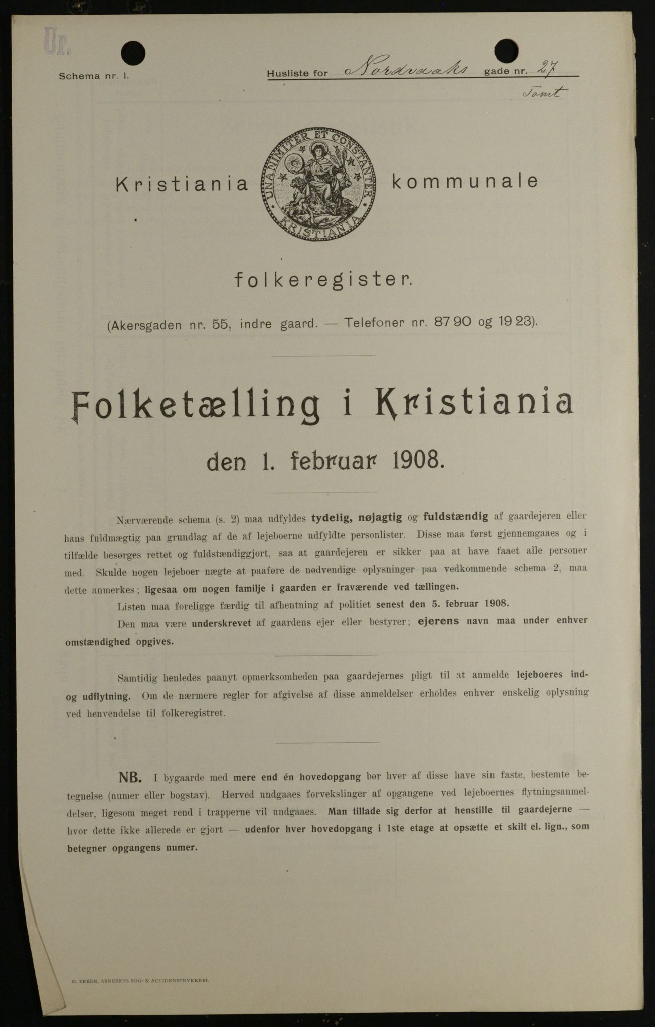 OBA, Kommunal folketelling 1.2.1908 for Kristiania kjøpstad, 1908, s. 66000