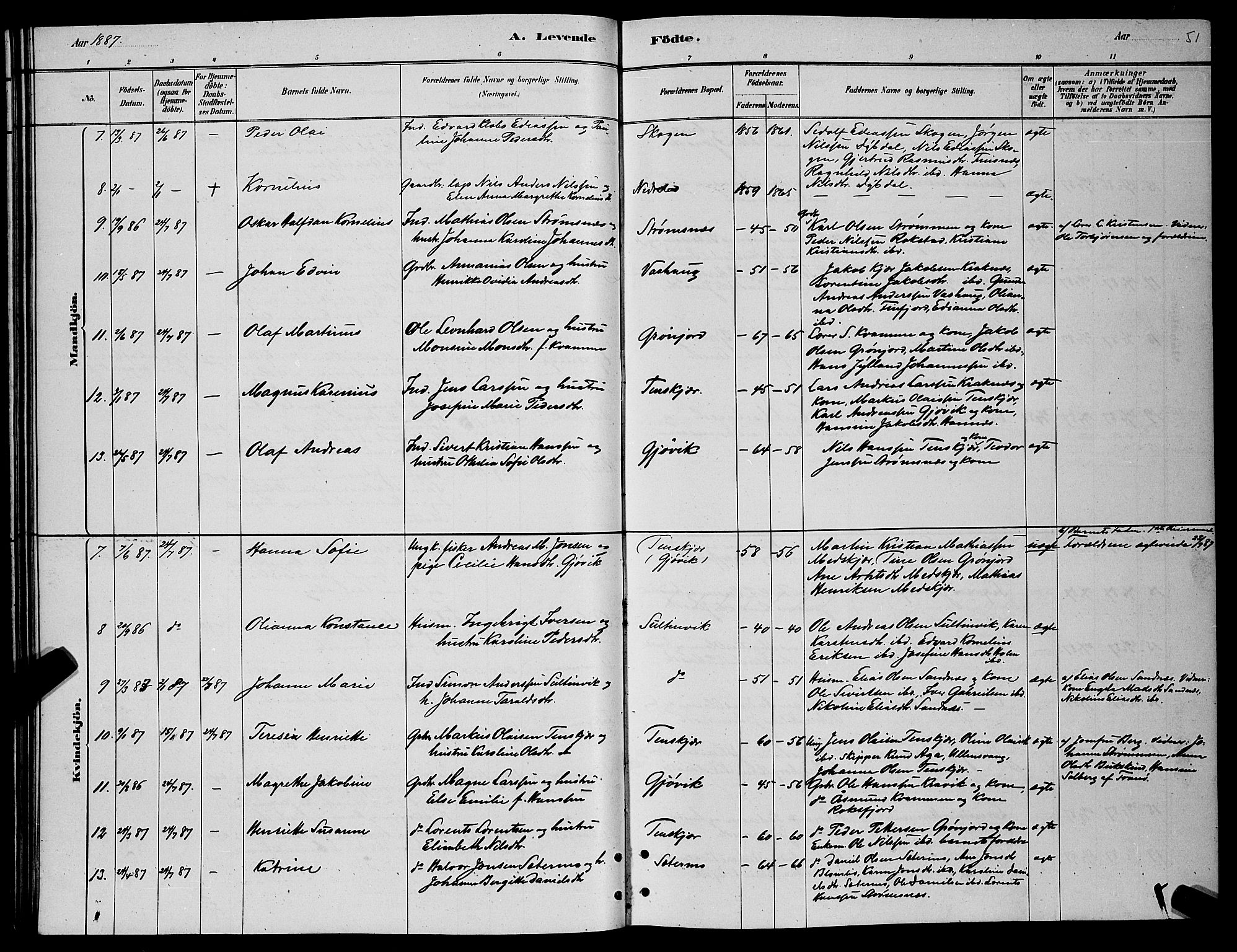 Lenvik sokneprestembete, AV/SATØ-S-1310/H/Ha/Hab/L0006klokker: Klokkerbok nr. 6, 1881-1889, s. 51