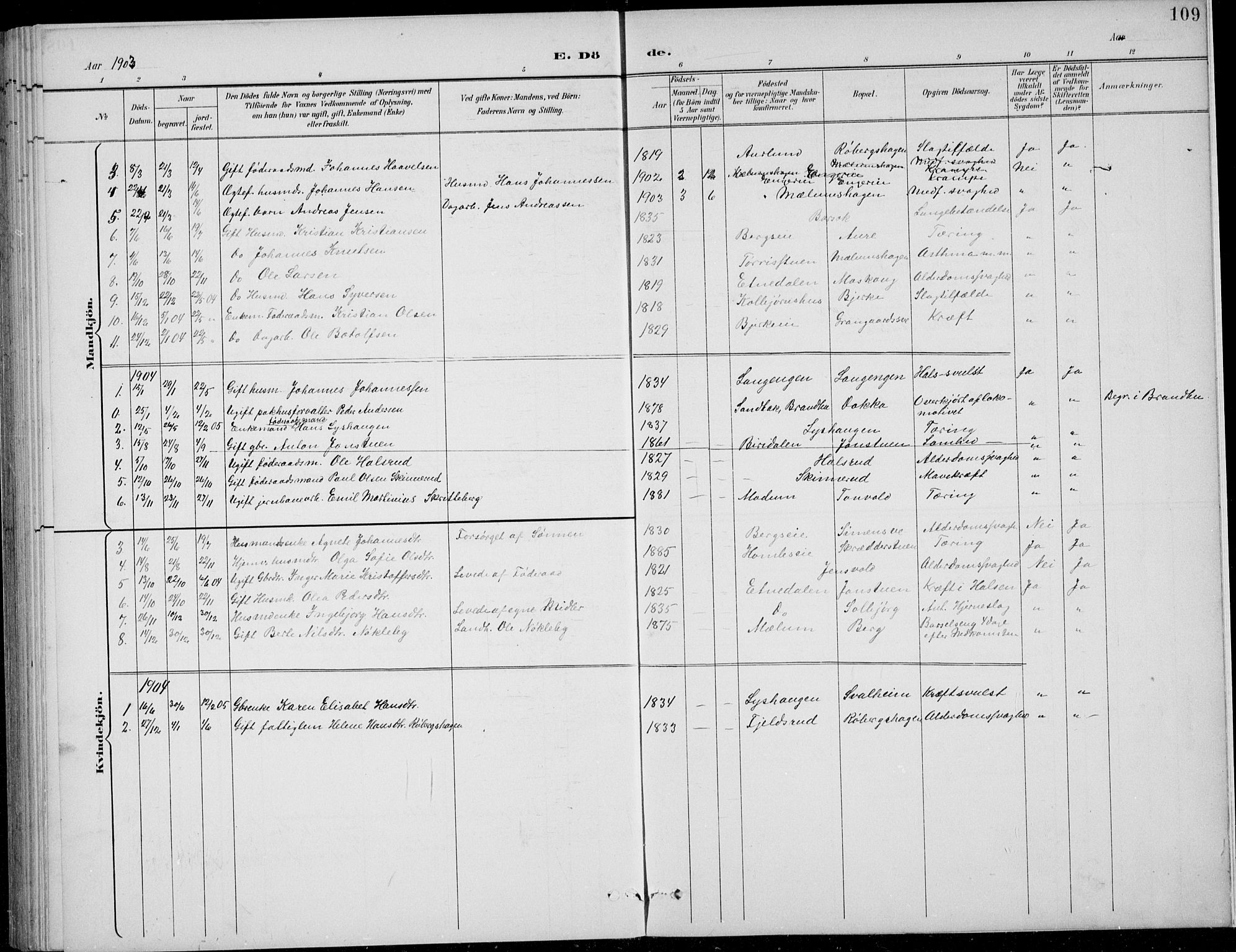 Nordre Land prestekontor, SAH/PREST-124/H/Ha/Hab/L0014: Klokkerbok nr. 14, 1891-1907, s. 109