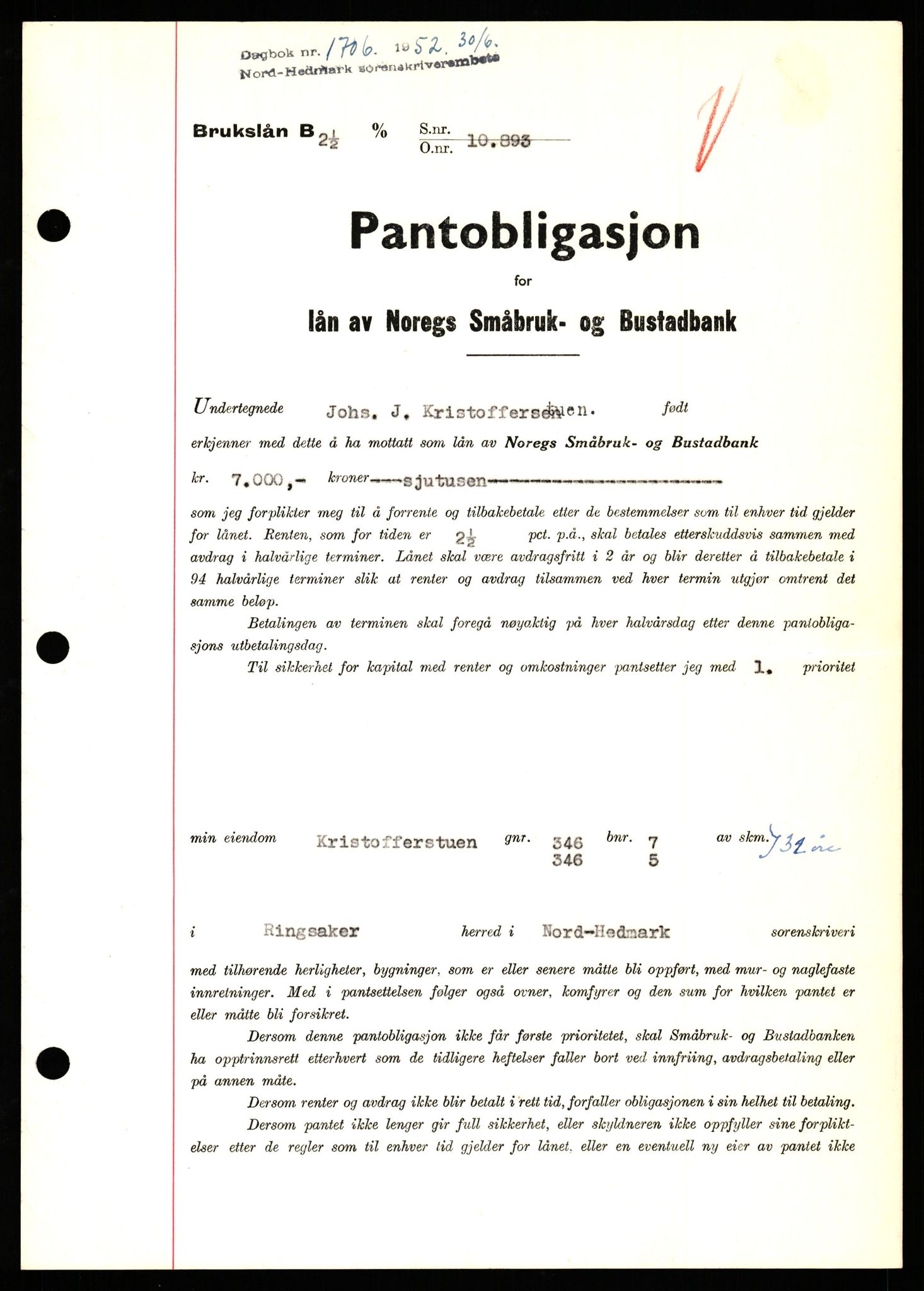 Nord-Hedmark sorenskriveri, SAH/TING-012/H/Hb/Hbf/L0025: Pantebok nr. B25, 1952-1952, Dagboknr: 1706/1952