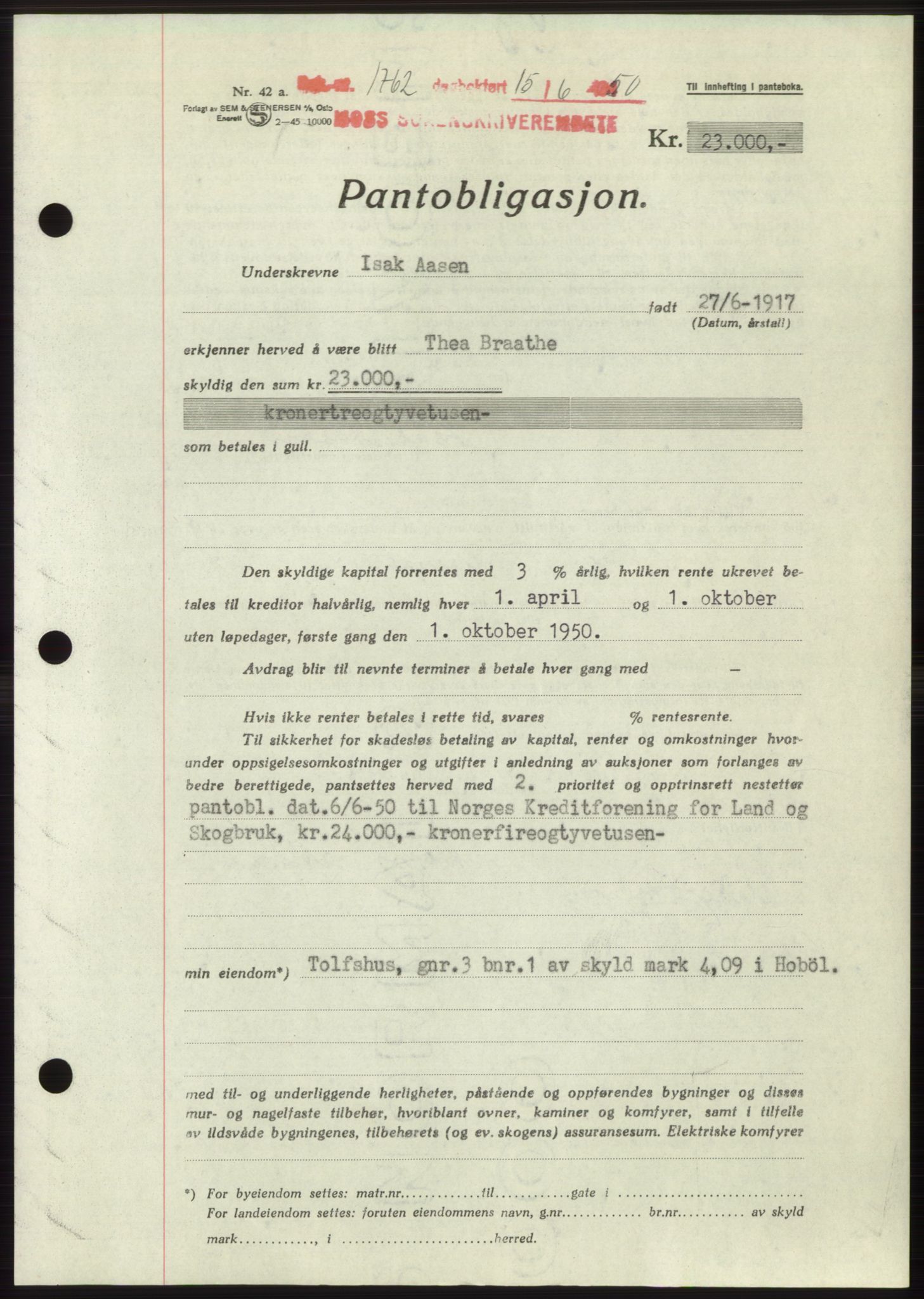 Moss sorenskriveri, AV/SAO-A-10168: Pantebok nr. B24, 1950-1950, Dagboknr: 1762/1950