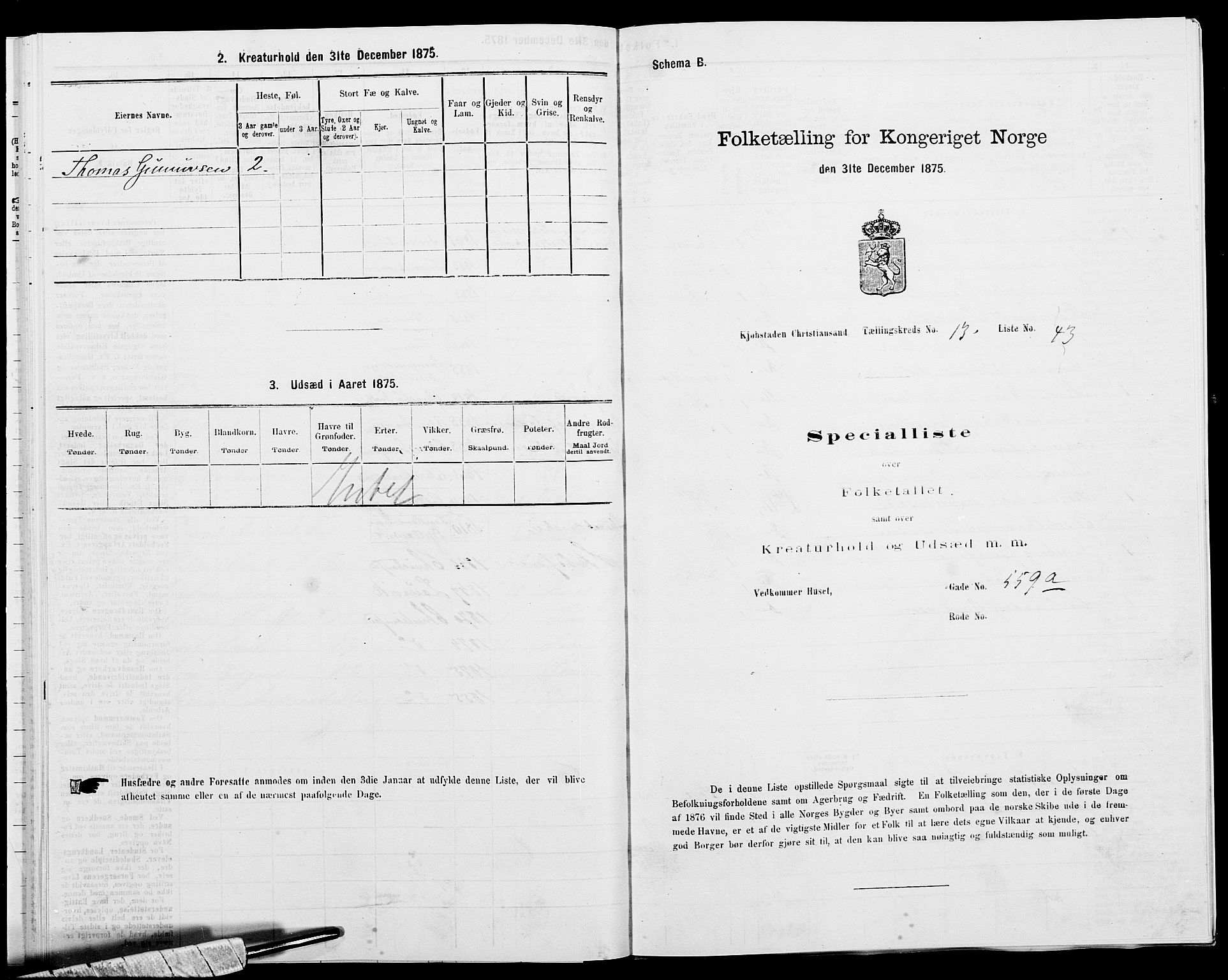 SAK, Folketelling 1875 for 1001P Kristiansand prestegjeld, 1875, s. 2097