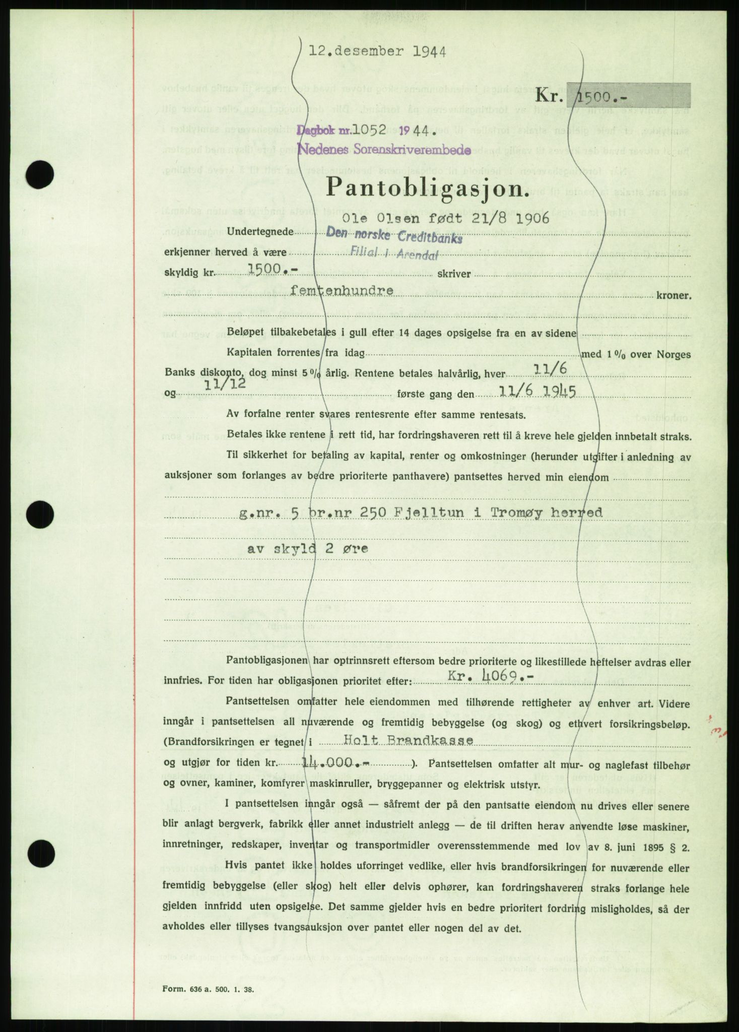 Nedenes sorenskriveri, SAK/1221-0006/G/Gb/Gbb/L0002: Pantebok nr. II, 1942-1945, Dagboknr: 1052/1944