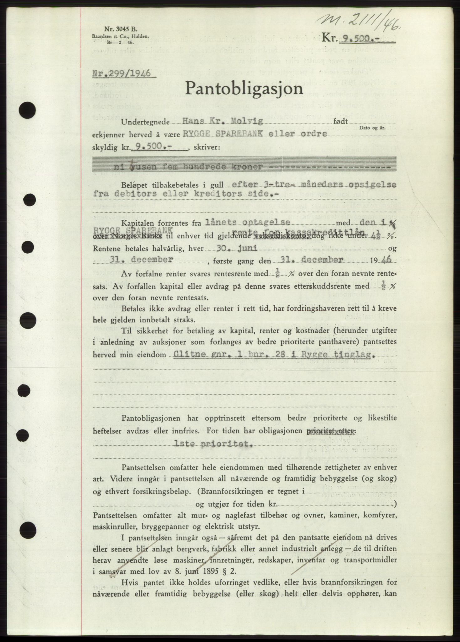 Moss sorenskriveri, SAO/A-10168: Pantebok nr. B15, 1946-1946, Dagboknr: 2111/1946