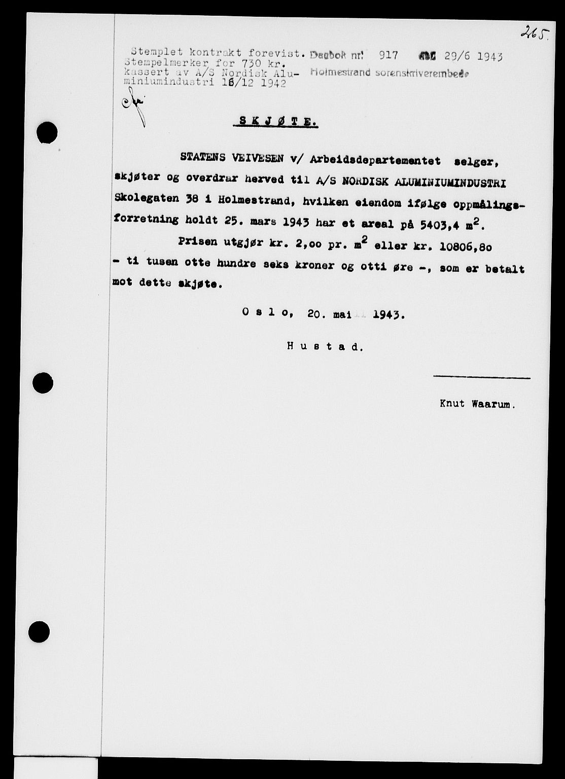 Holmestrand sorenskriveri, SAKO/A-67/G/Ga/Gaa/L0057: Pantebok nr. A-57, 1943-1944, Dagboknr: 917/1943