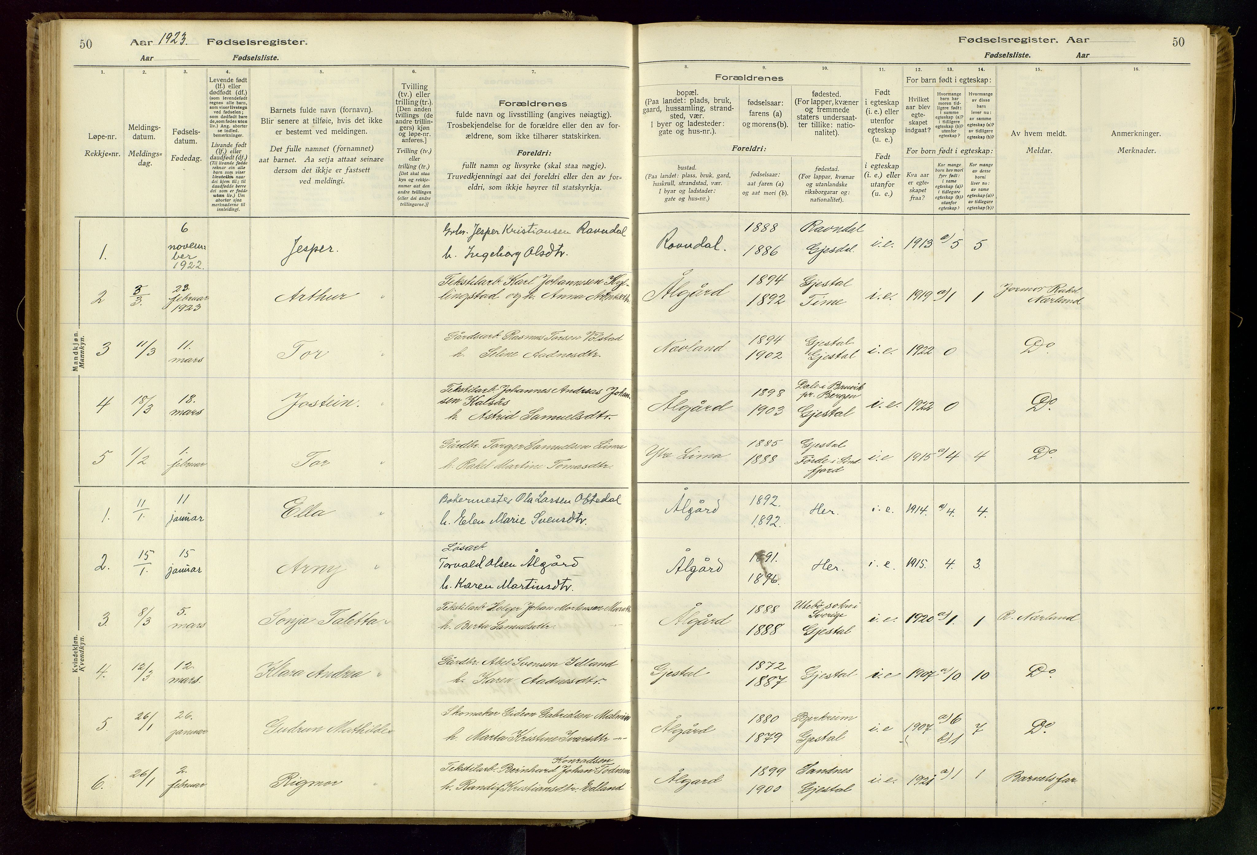 Gjesdal sokneprestkontor, AV/SAST-A-101796/002/O/L0001: Fødselsregister nr. 1, 1916-1949, s. 50