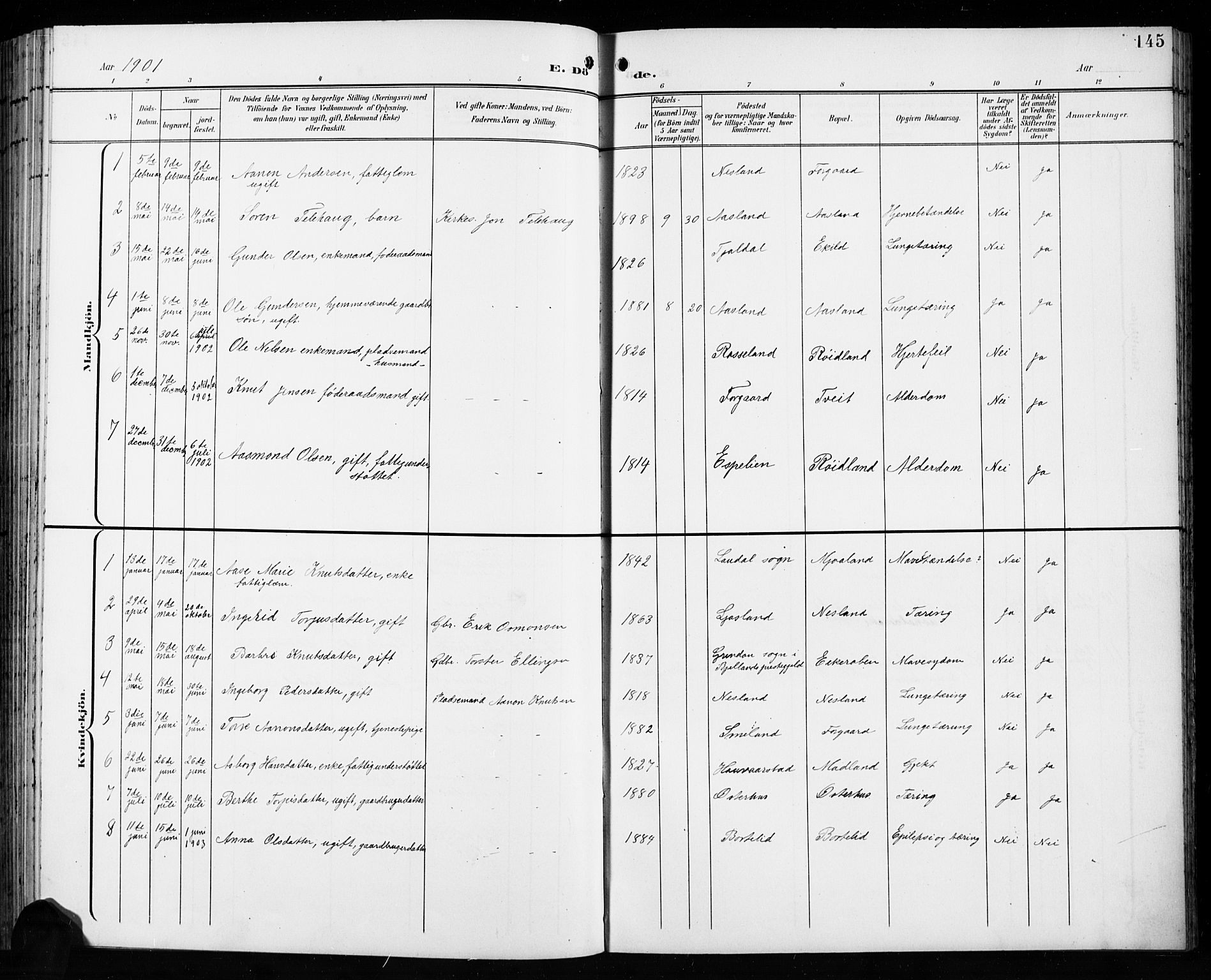 Åseral sokneprestkontor, SAK/1111-0051/F/Fb/L0003: Klokkerbok nr. B 3, 1900-1919, s. 145