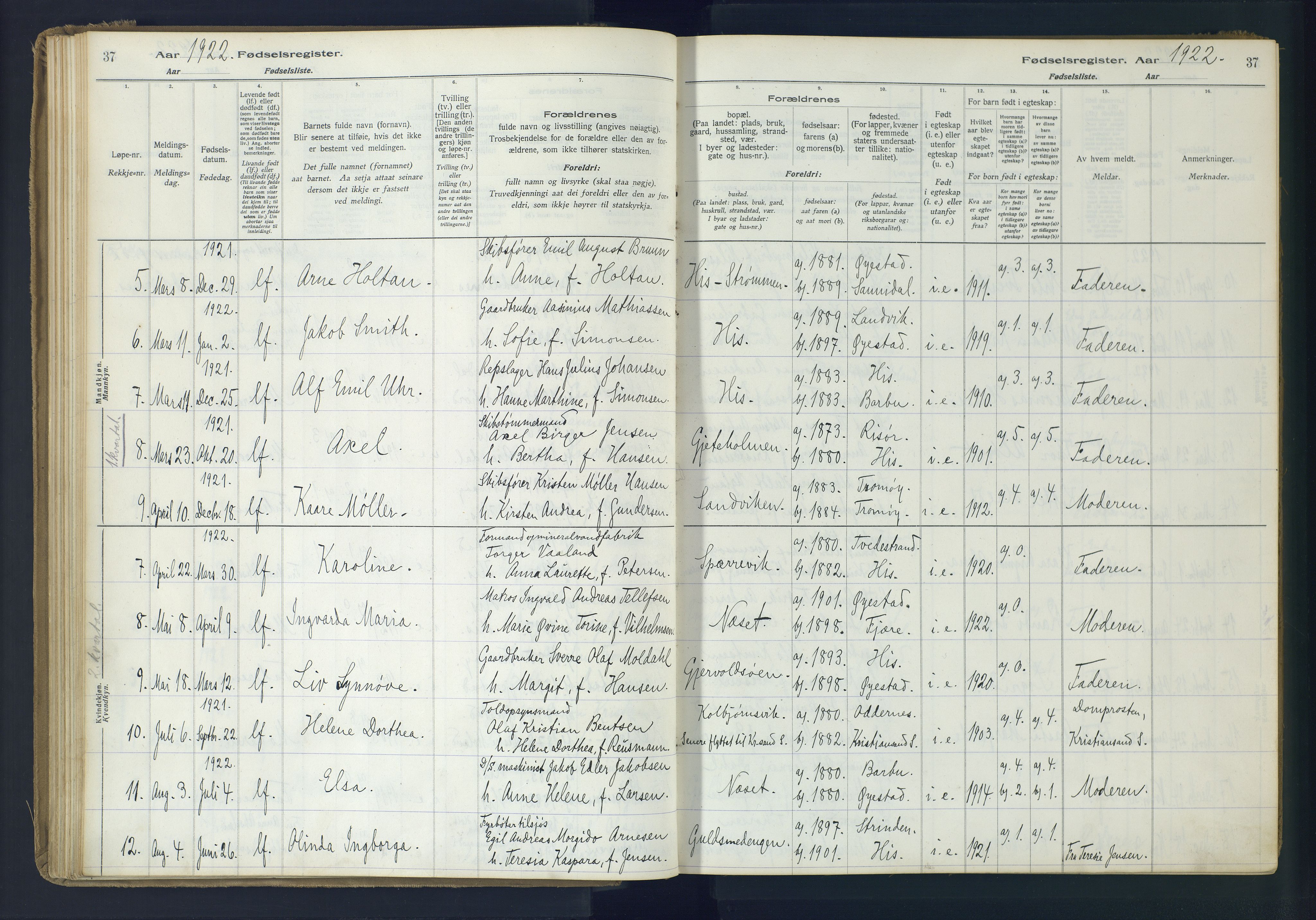 Hisøy sokneprestkontor, AV/SAK-1111-0020/J/Ja/L0001: Fødselsregister nr. A-VI-14, 1916-1951, s. 37