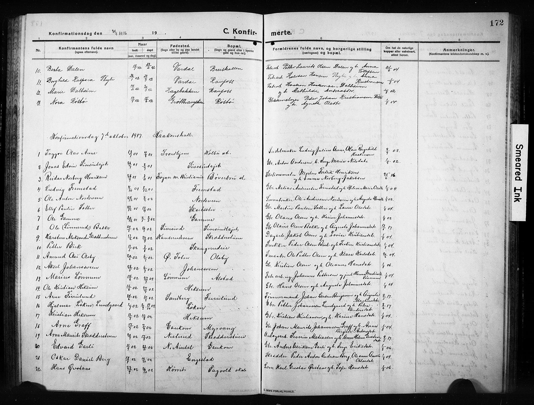 Vestre Toten prestekontor, AV/SAH-PREST-108/H/Ha/Hab/L0012: Klokkerbok nr. 12, 1909-1928, s. 172