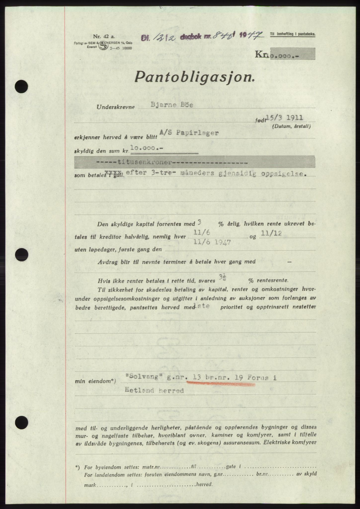 Jæren sorenskriveri, SAST/A-100310/03/G/Gba/L0093: Pantebok, 1947-1947, Dagboknr: 845/1947