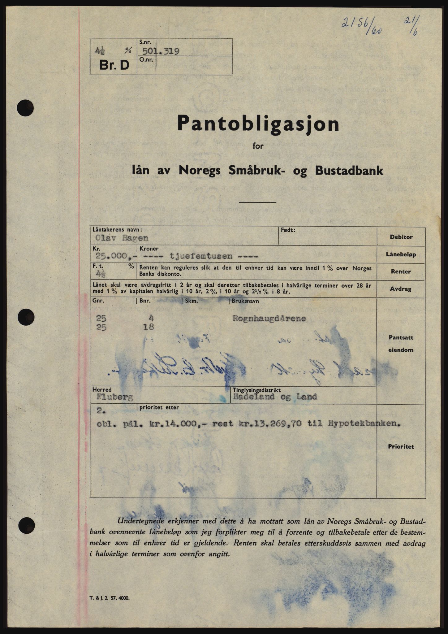 Hadeland og Land tingrett, SAH/TING-010/H/Hb/Hbc/L0043: Pantebok nr. B43, 1960-1960, Dagboknr: 2156/1960