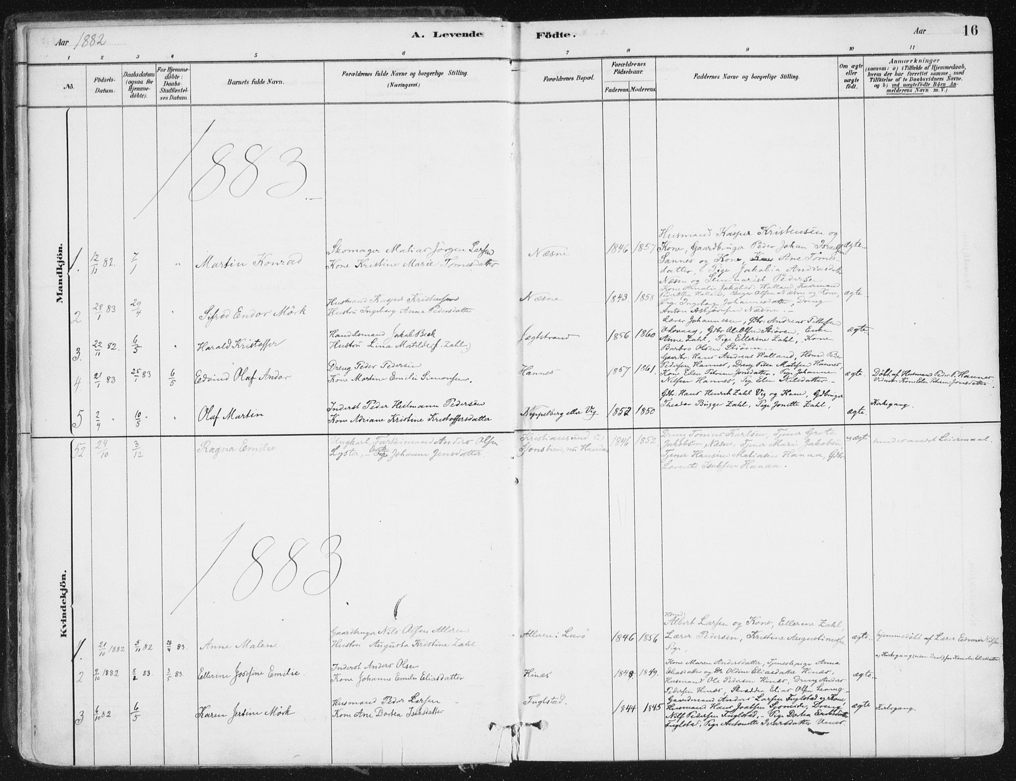 Ministerialprotokoller, klokkerbøker og fødselsregistre - Nordland, SAT/A-1459/838/L0552: Ministerialbok nr. 838A10, 1880-1910, s. 16