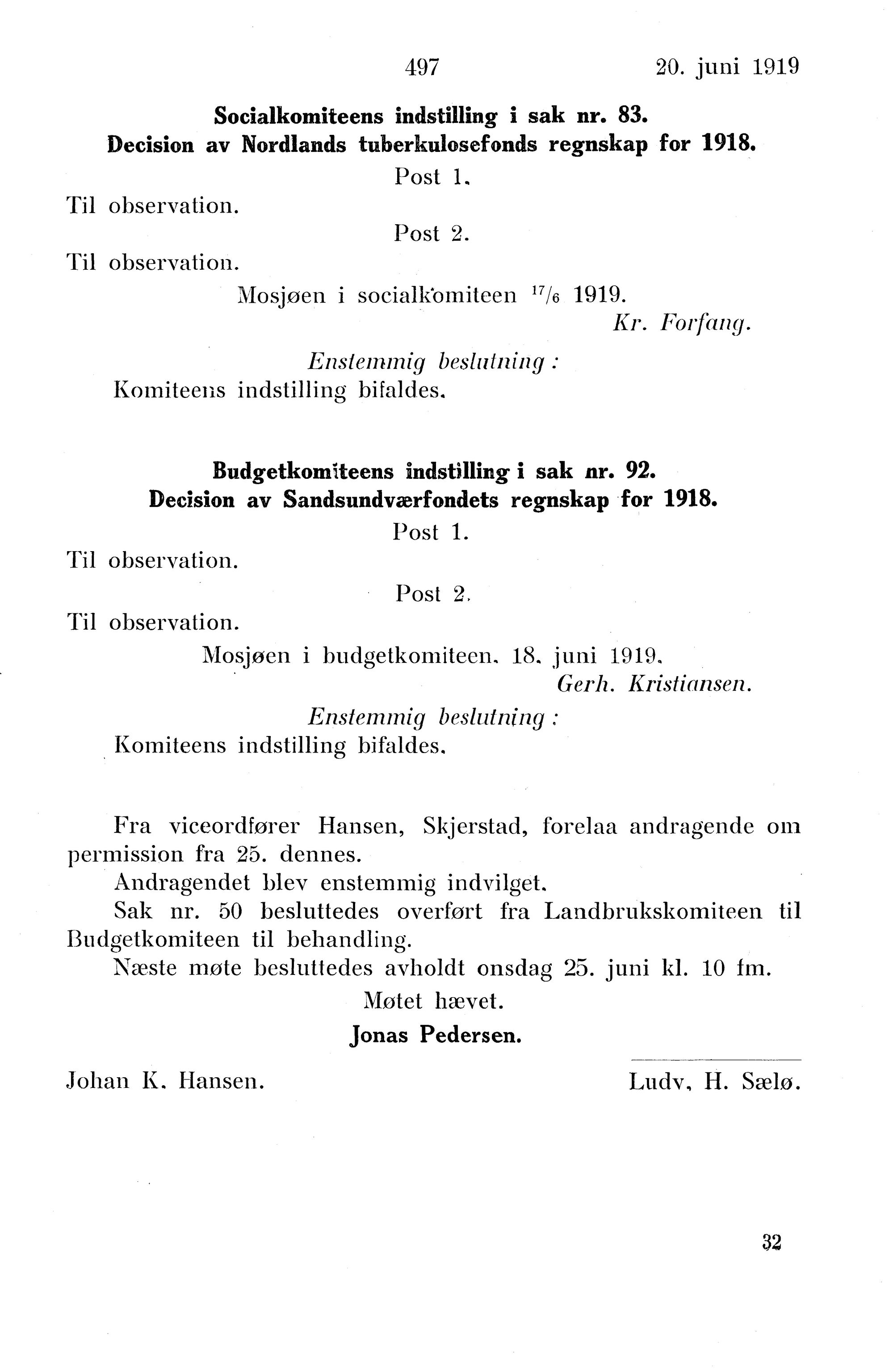 Nordland Fylkeskommune. Fylkestinget, AIN/NFK-17/176/A/Ac/L0042: Fylkestingsforhandlinger 1919, 1919