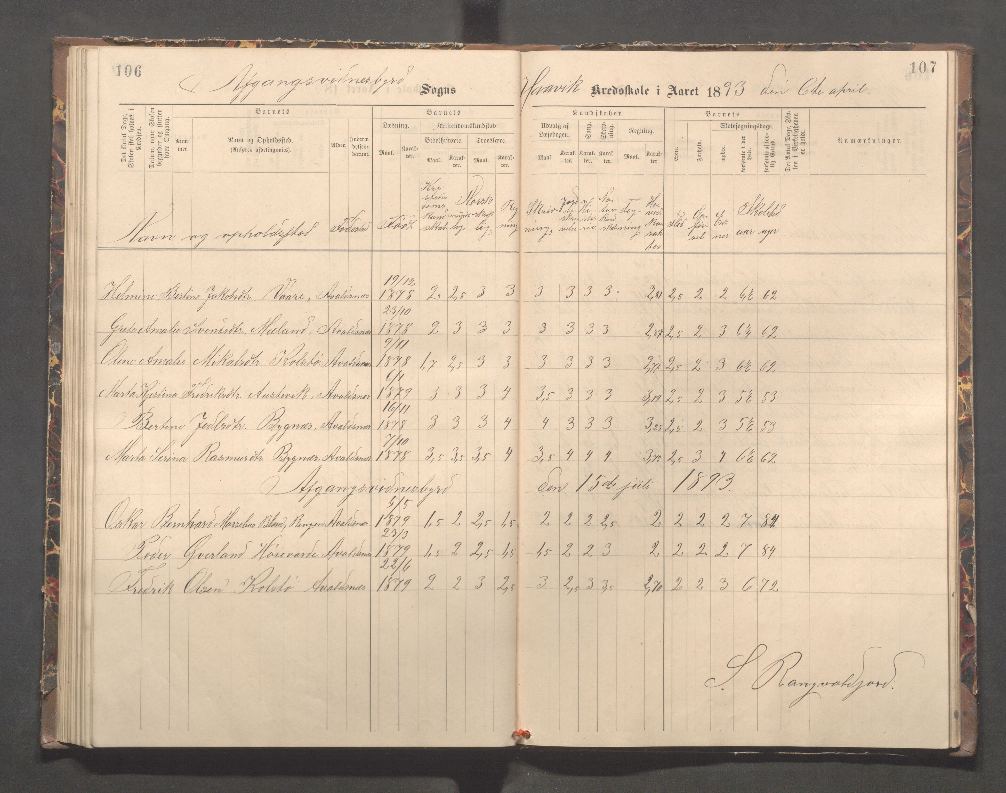 Avaldsnes kommune - Kolstø og Vorre skole, IKAR/K-101688/H/L0002: Skoleprotokoll, 1888-1900, s. 106-107