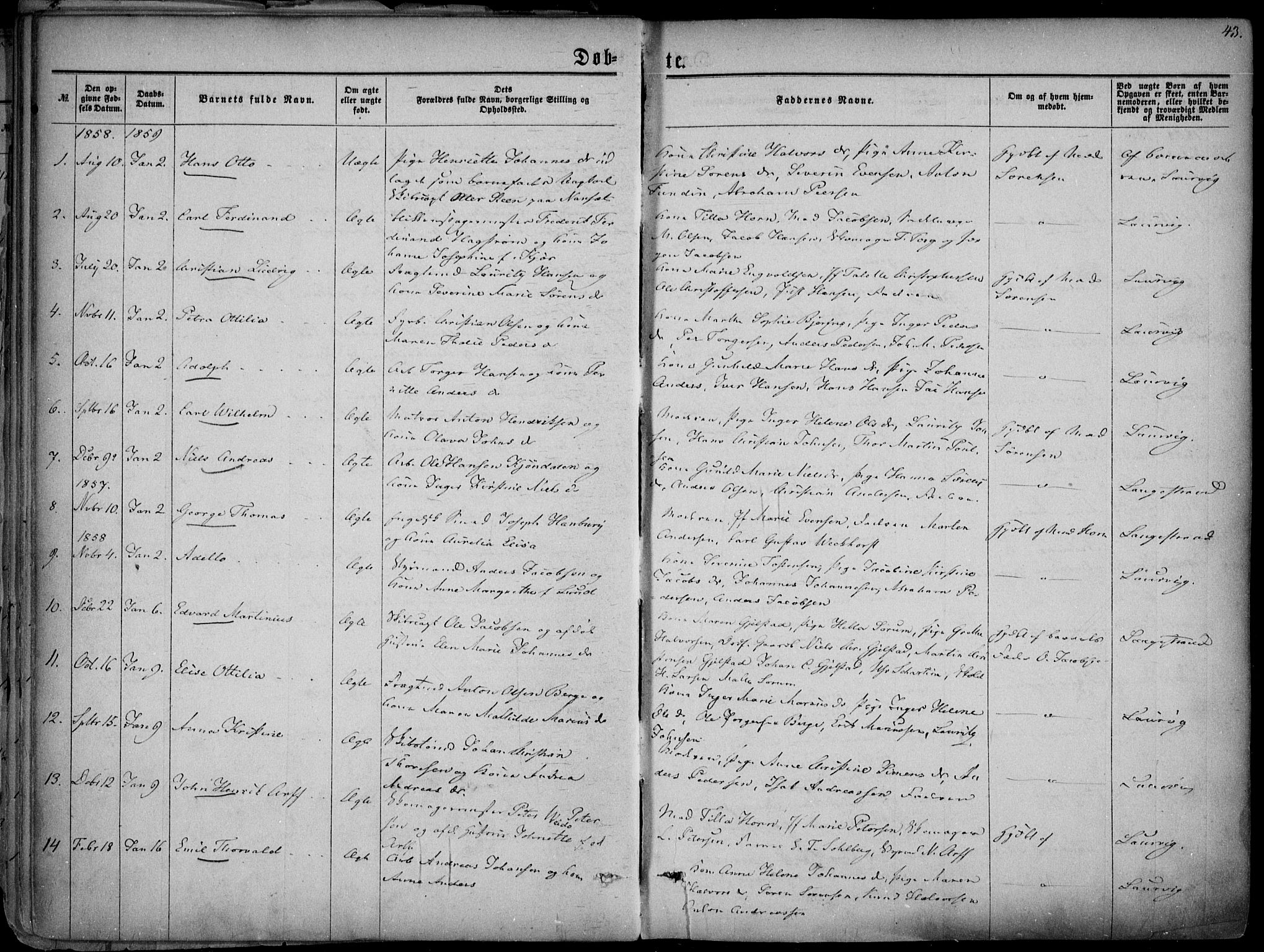 Larvik kirkebøker, AV/SAKO-A-352/F/Fa/L0004: Ministerialbok nr. I 4, 1856-1870, s. 43