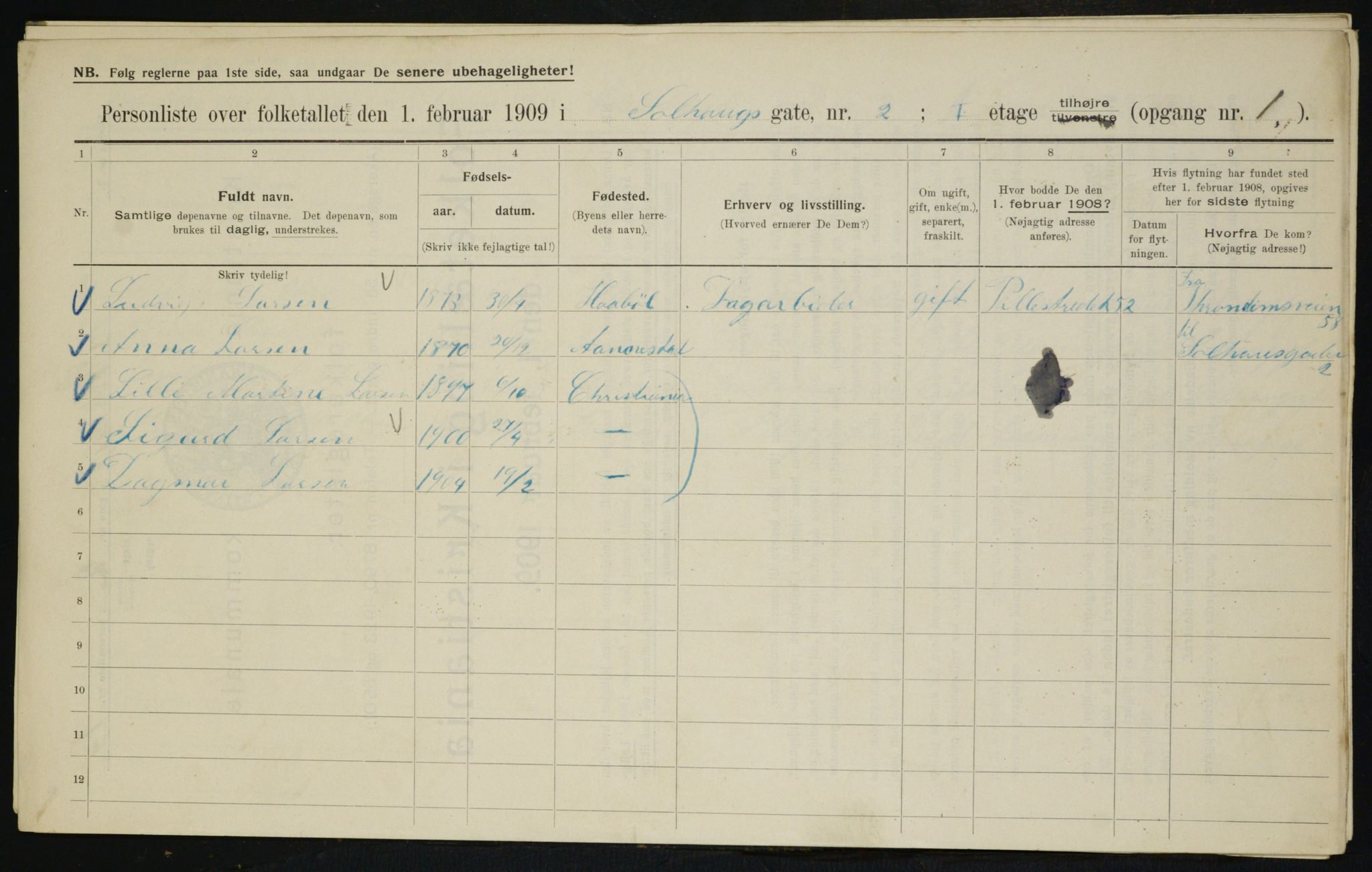 OBA, Kommunal folketelling 1.2.1909 for Kristiania kjøpstad, 1909, s. 90130