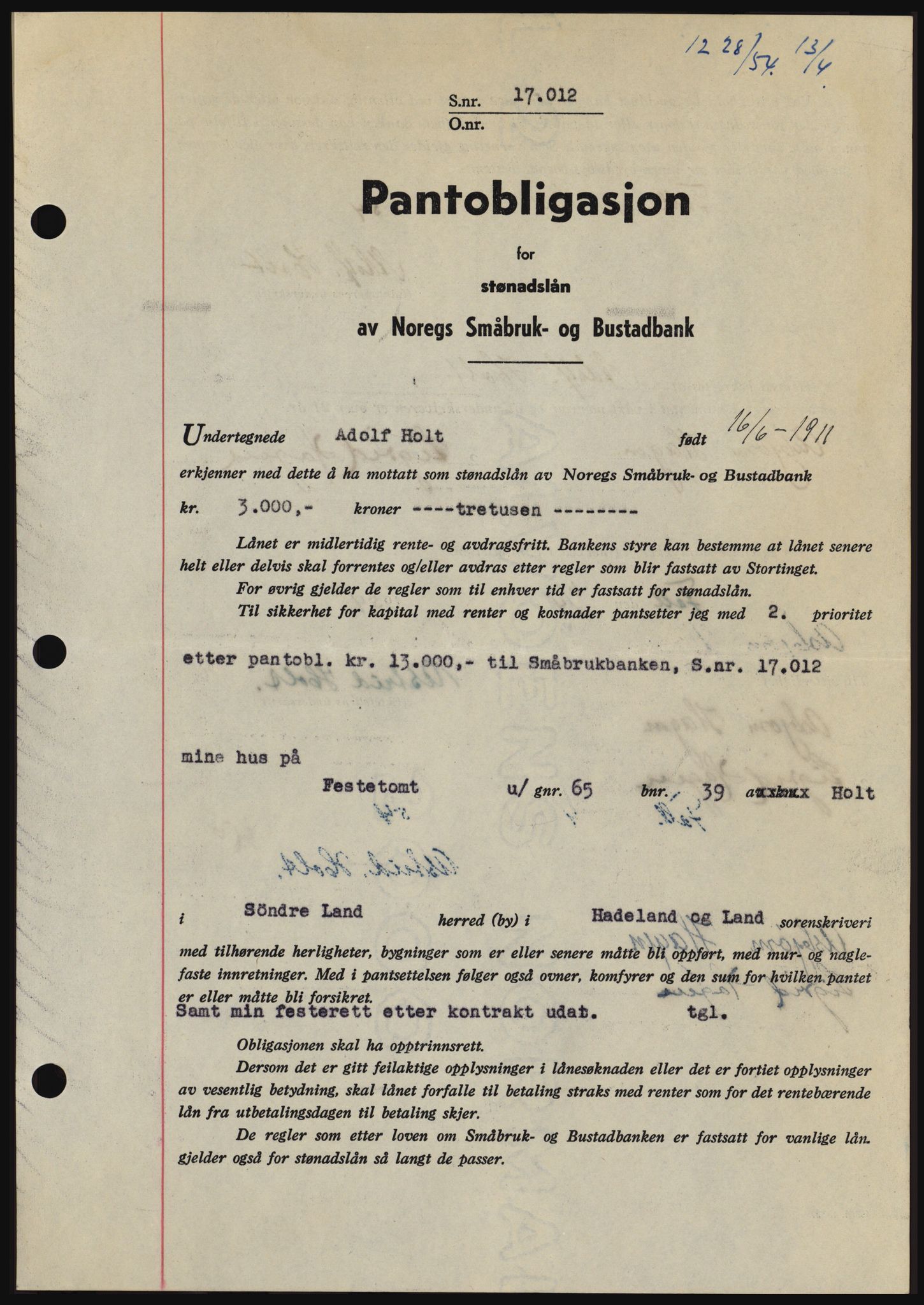 Hadeland og Land tingrett, SAH/TING-010/H/Hb/Hbc/L0029: Pantebok nr. B29, 1954-1954, Dagboknr: 1228/1954