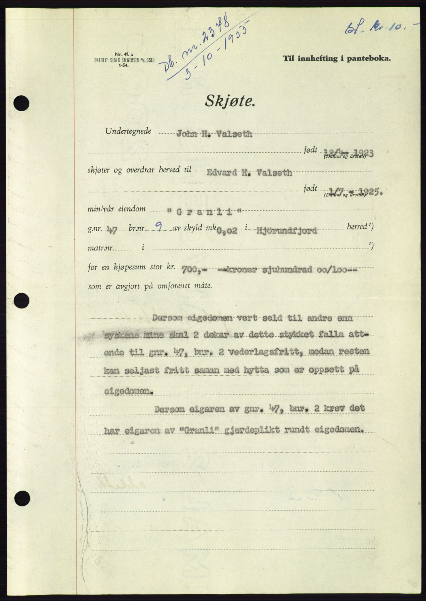 Søre Sunnmøre sorenskriveri, AV/SAT-A-4122/1/2/2C/L0102: Pantebok nr. 28A, 1955-1956, Dagboknr: 2378/1955