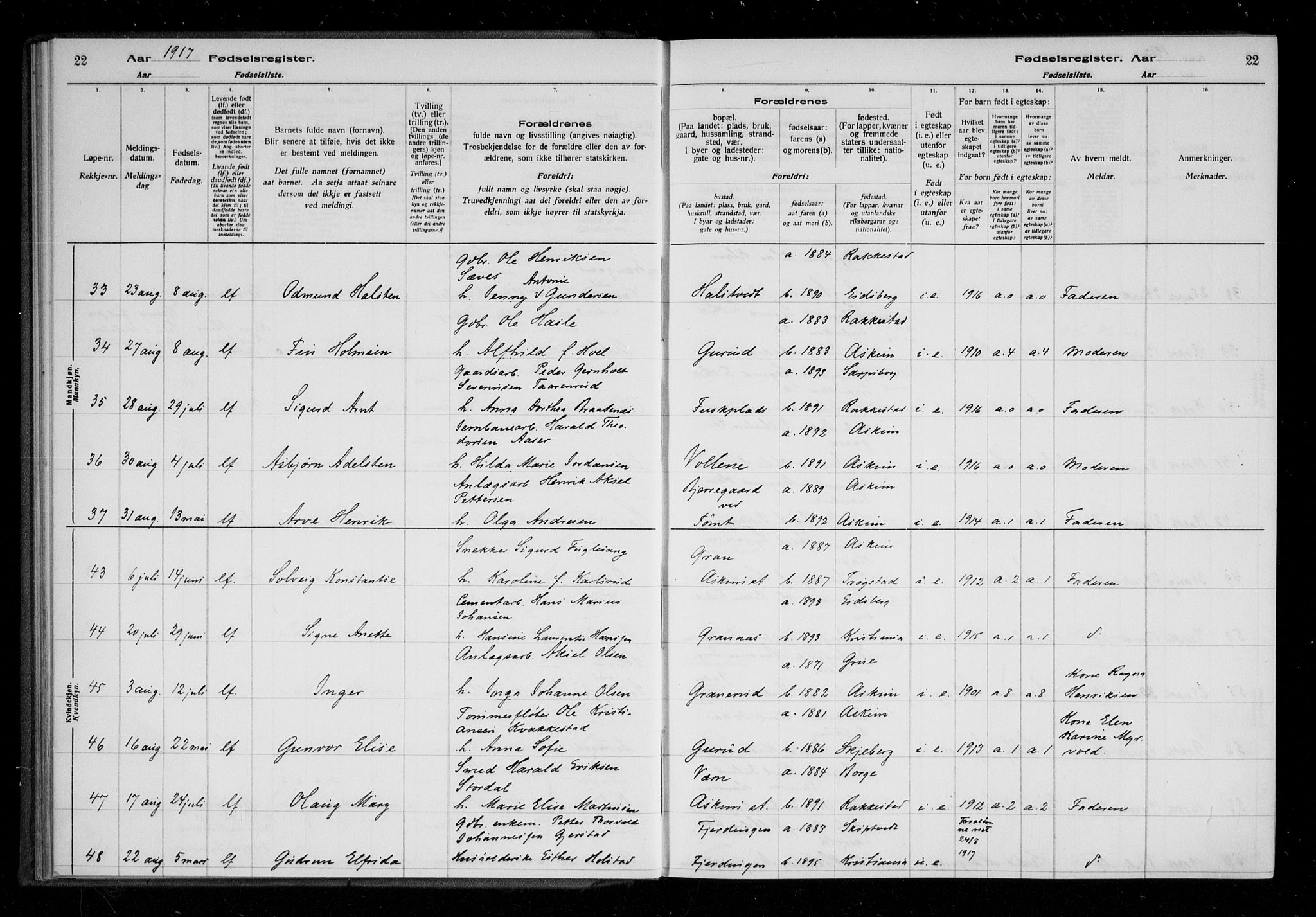 Askim prestekontor Kirkebøker, AV/SAO-A-10900/J/Ja/L0001: Fødselsregister nr. 1, 1916-1929, s. 22