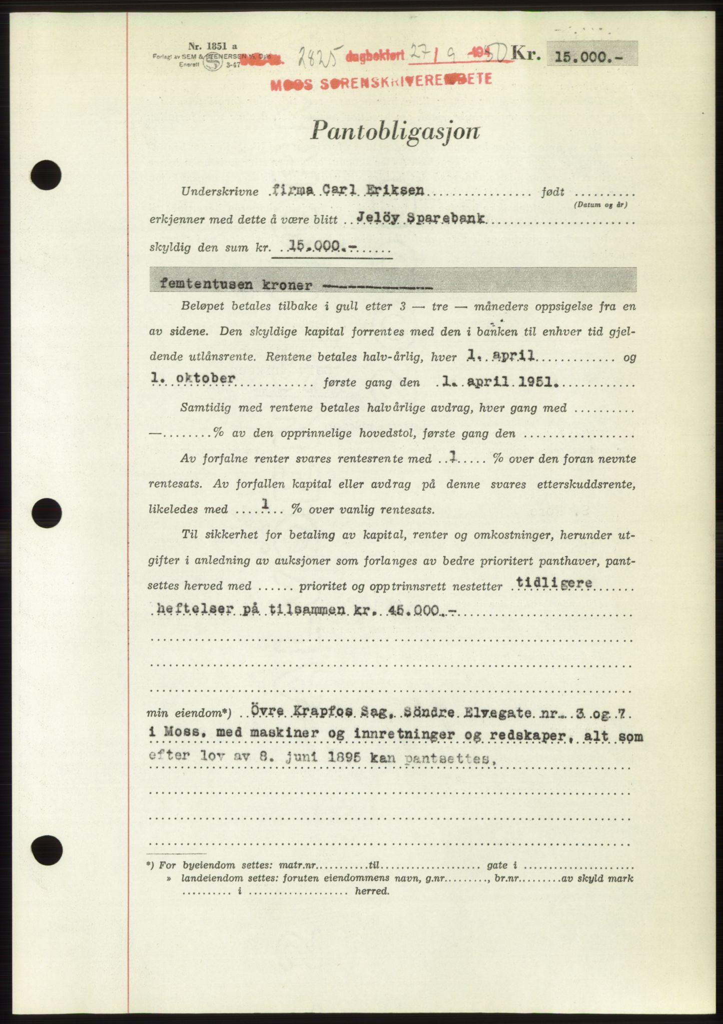 Moss sorenskriveri, SAO/A-10168: Pantebok nr. B25, 1950-1950, Dagboknr: 2825/1950