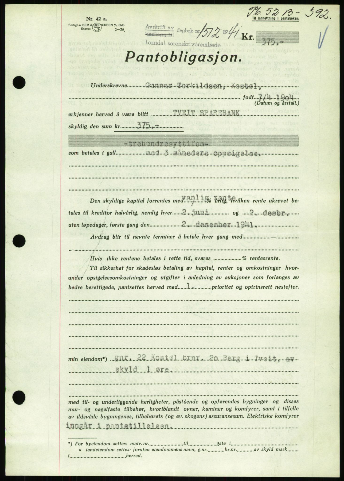 Torridal sorenskriveri, SAK/1221-0012/G/Gb/Gbb/L0008: Pantebok nr. 52b, 1940-1942, Dagboknr: 1512/1941