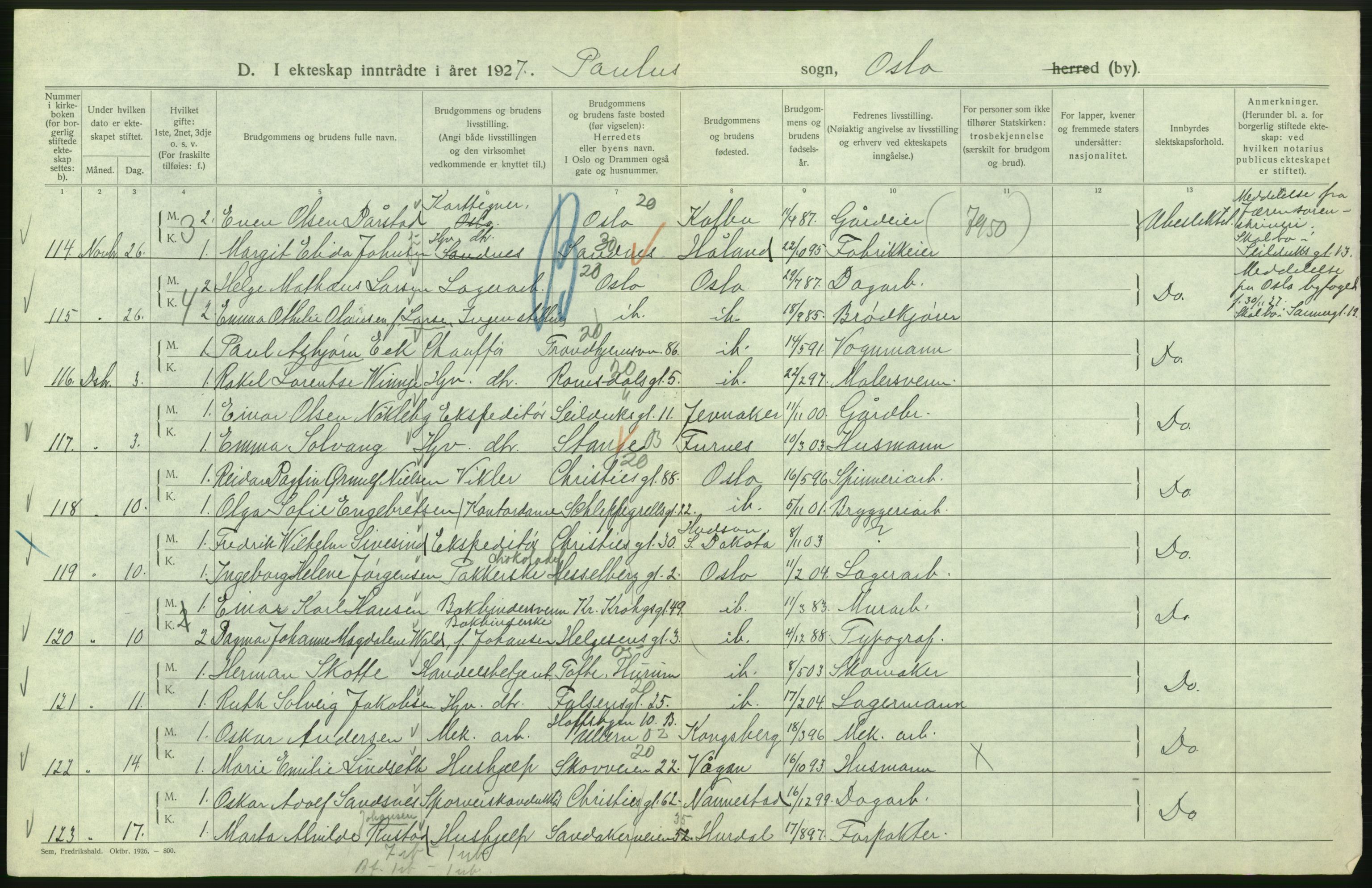 Statistisk sentralbyrå, Sosiodemografiske emner, Befolkning, AV/RA-S-2228/D/Df/Dfc/Dfcg/L0008: Oslo: Gifte, 1927, s. 472