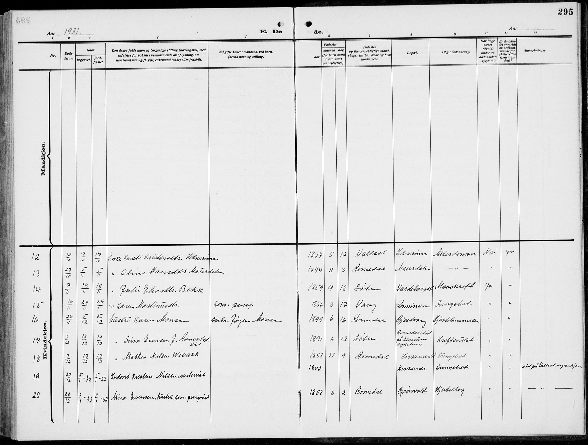 Romedal prestekontor, AV/SAH-PREST-004/L/L0014: Klokkerbok nr. 14, 1915-1939, s. 295