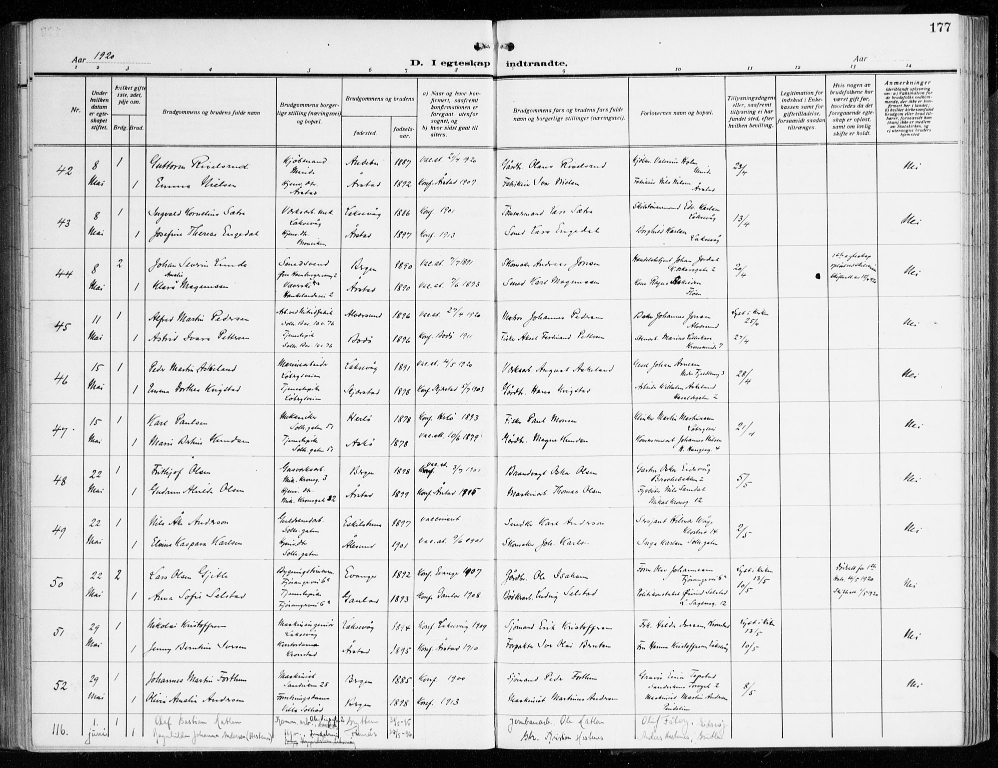 Årstad Sokneprestembete, AV/SAB-A-79301/H/Haa/L0004: Ministerialbok nr. A 4, 1919-1928, s. 177