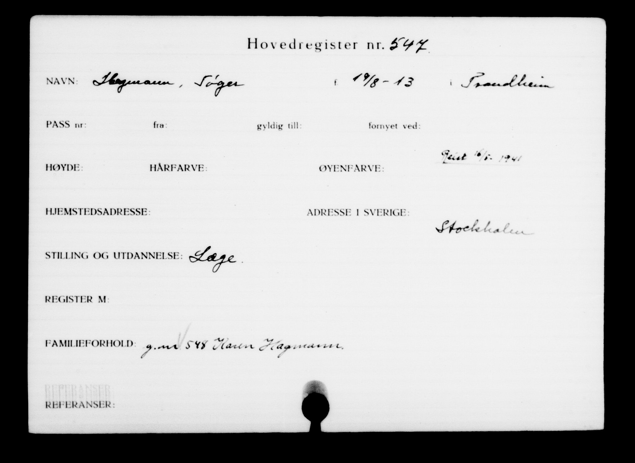 Utenriksstasjonene, Legasjonen i Stockholm, Flyktningkontoret, AV/RA-S-6753/V/Va/L0001: Kjesäterkartoteket, flyktninger med registreringsnr. 1-1000, 1940-1945, s. 851