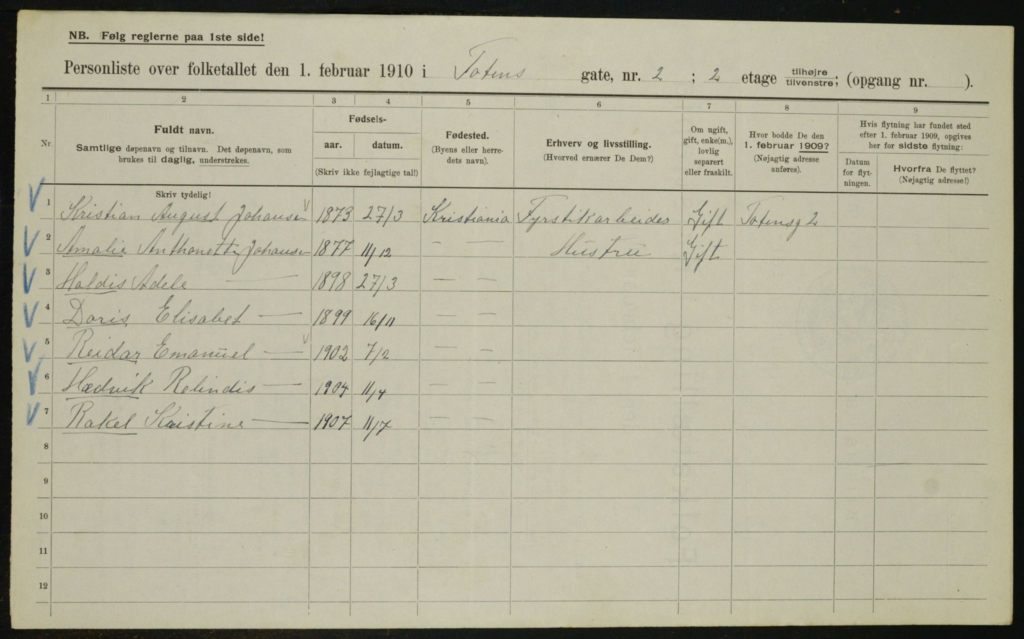 OBA, Kommunal folketelling 1.2.1910 for Kristiania, 1910, s. 109537