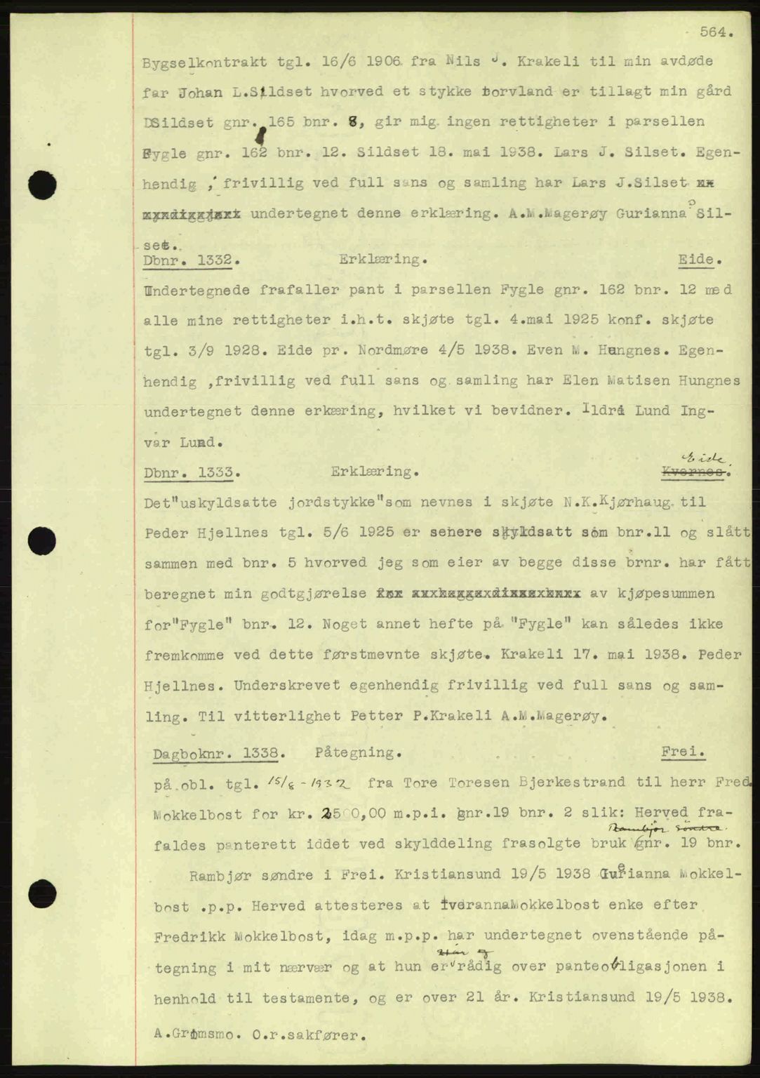Nordmøre sorenskriveri, SAT/A-4132/1/2/2Ca: Pantebok nr. C80, 1936-1939, Dagboknr: 1332/1938