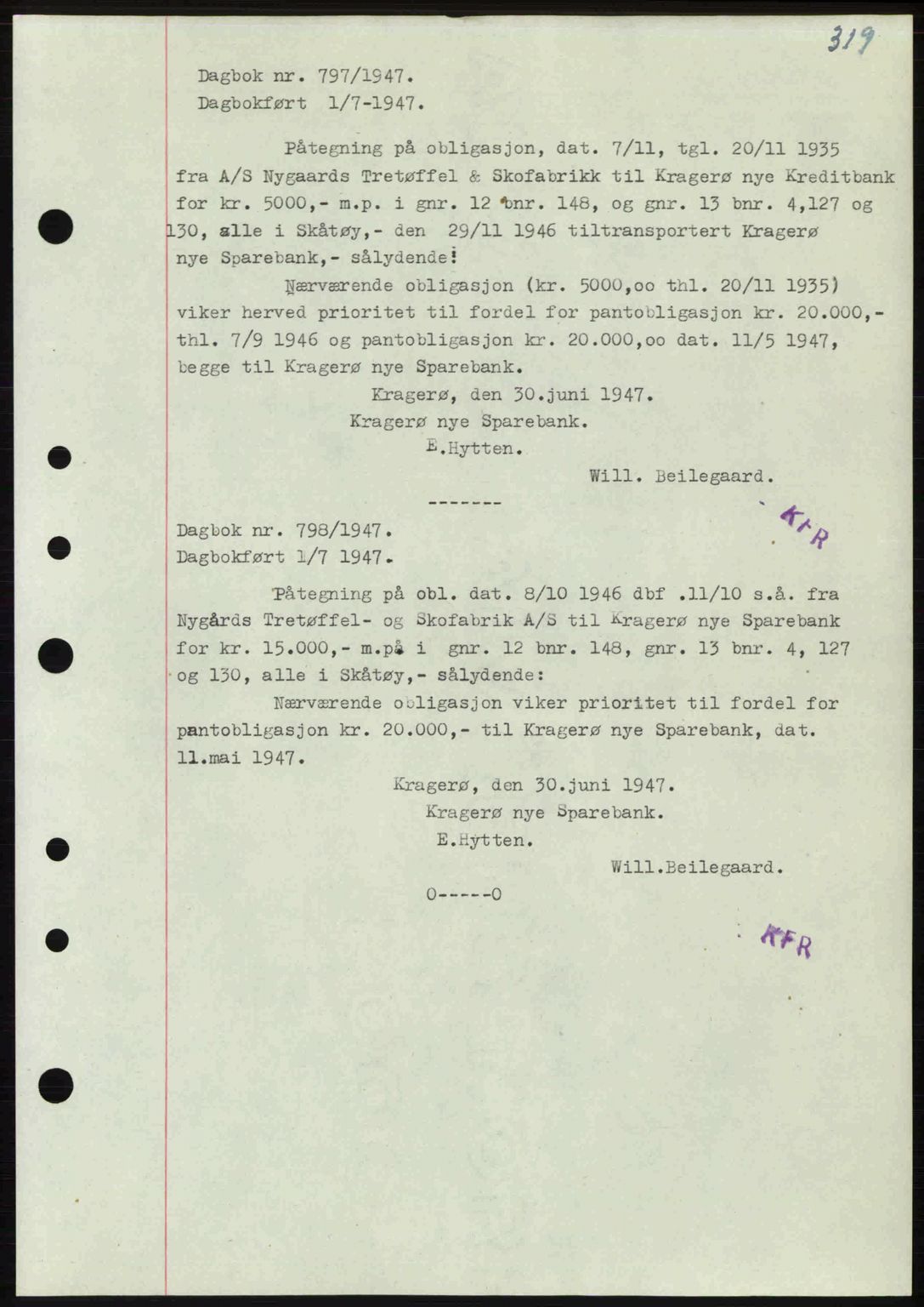 Kragerø sorenskriveri, SAKO/A-65/G/Ga/Gab/L0061: Pantebok nr. A-61, 1947-1947, Dagboknr: 797/1947