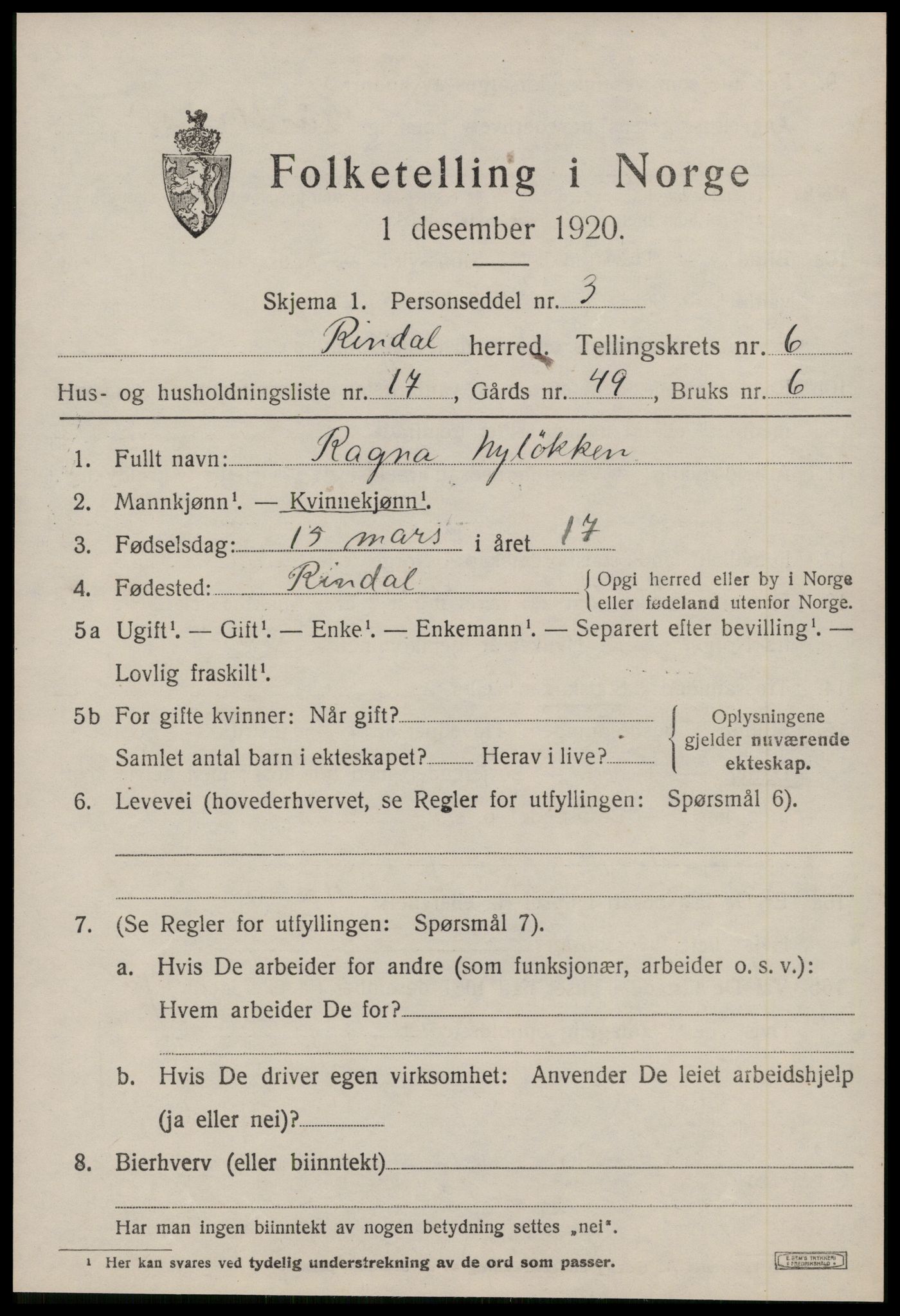 SAT, Folketelling 1920 for 1567 Rindal herred, 1920, s. 3526