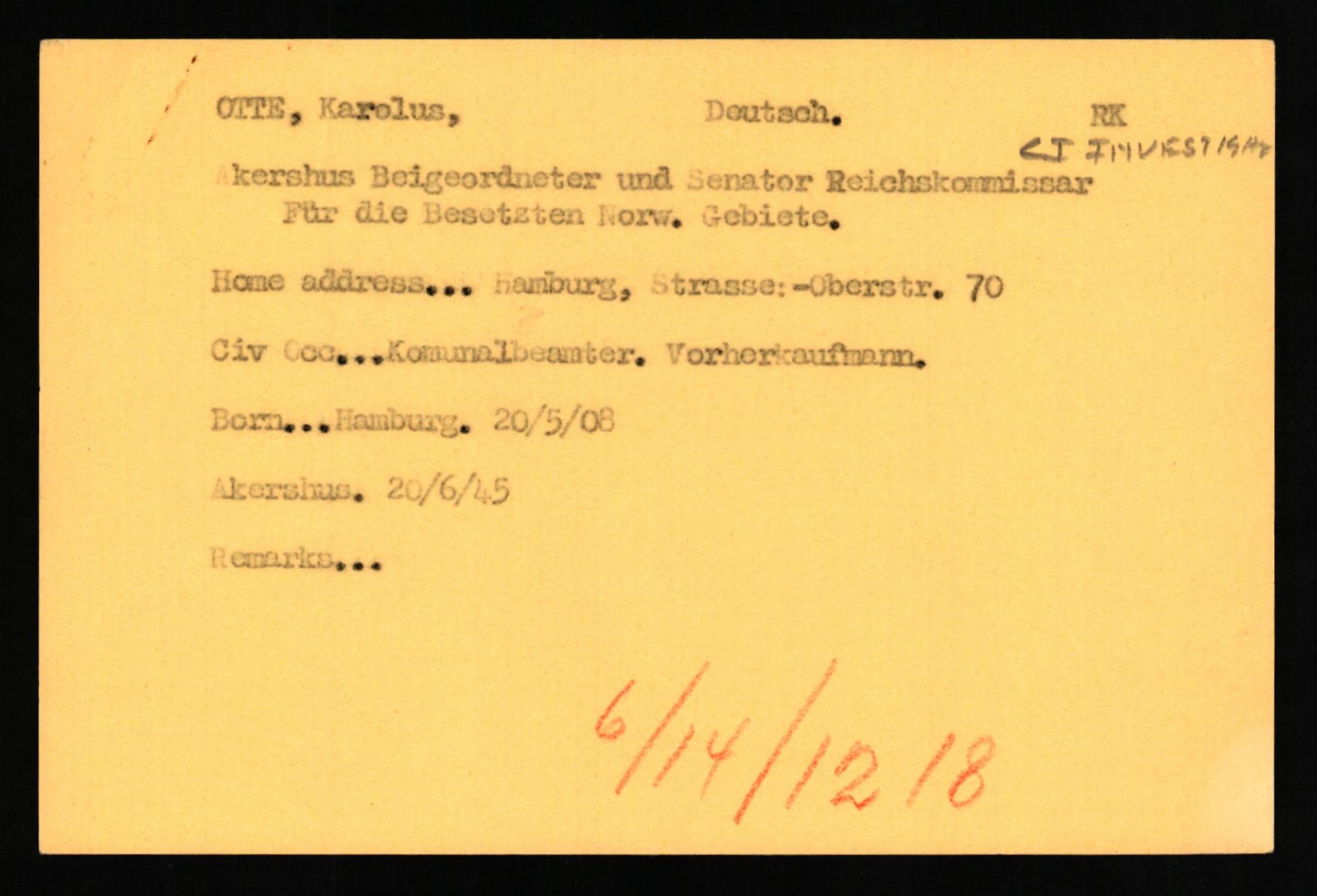 Forsvaret, Forsvarets overkommando II, AV/RA-RAFA-3915/D/Db/L0025: CI Questionaires. Tyske okkupasjonsstyrker i Norge. Tyskere., 1945-1946, s. 67