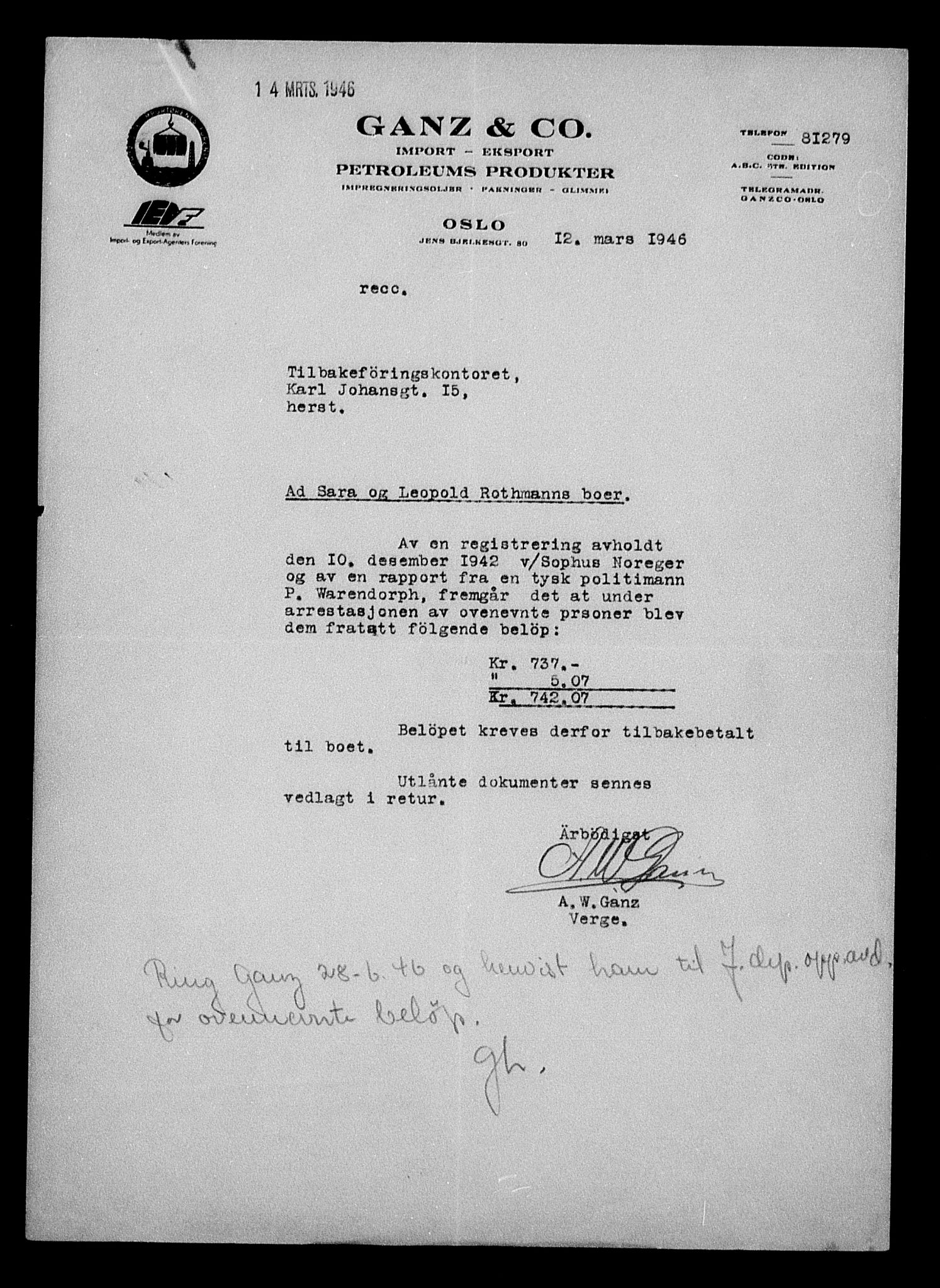 Justisdepartementet, Tilbakeføringskontoret for inndratte formuer, AV/RA-S-1564/H/Hc/Hcc/L0975: --, 1945-1947, s. 52