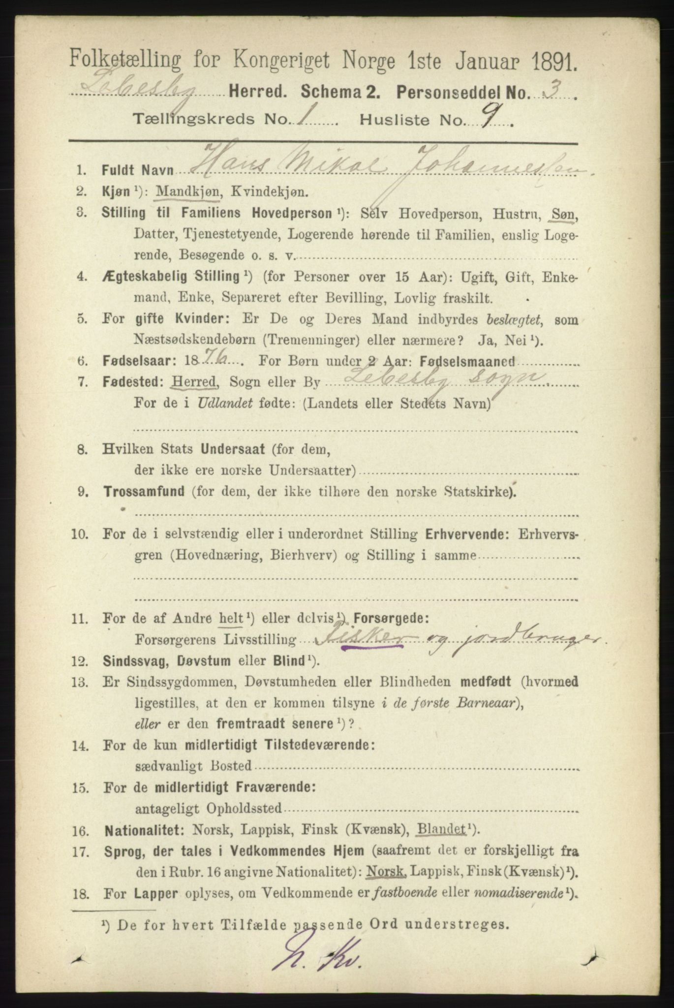 RA, Folketelling 1891 for 2022 Lebesby herred, 1891, s. 147