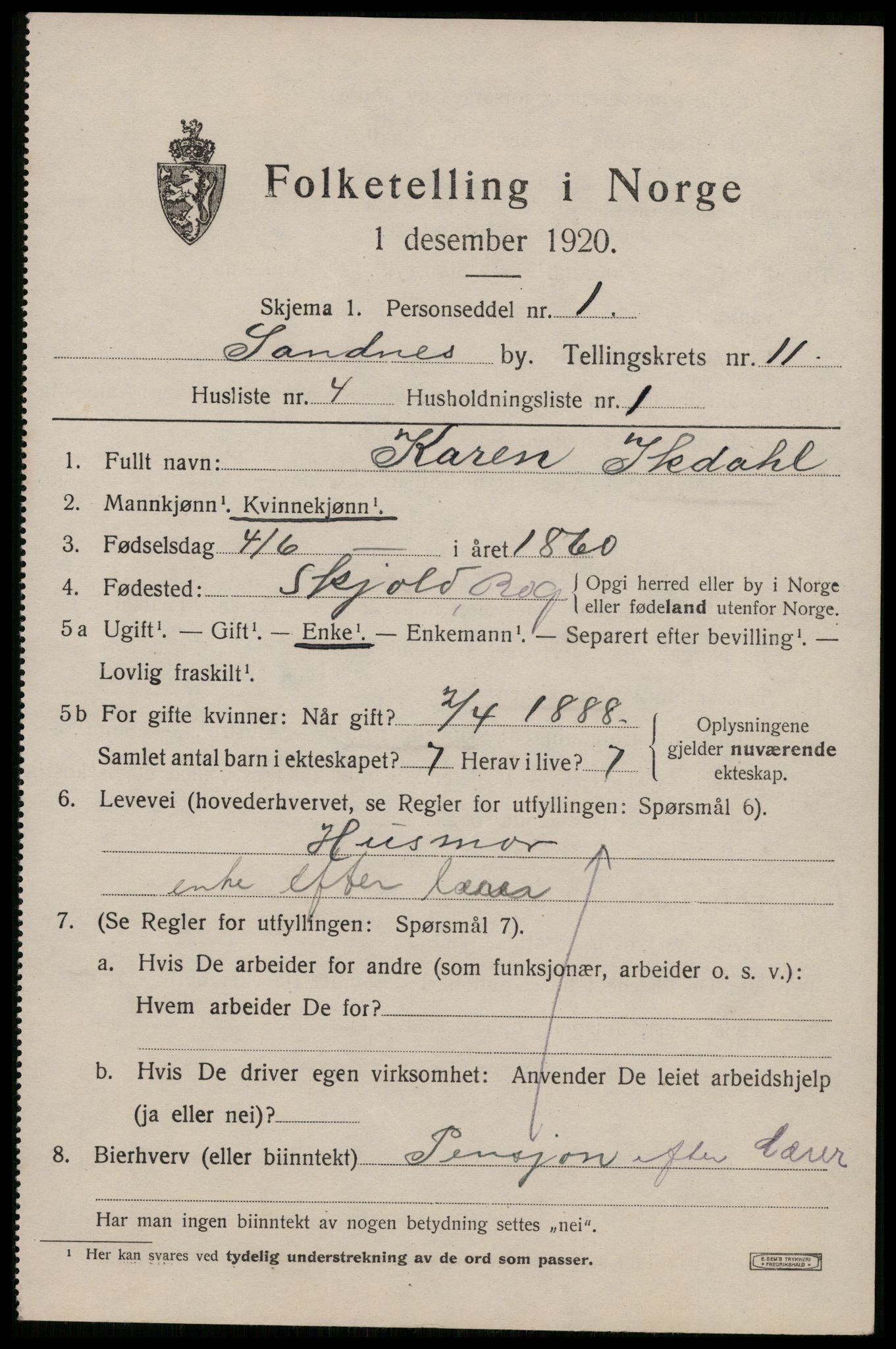 SAST, Folketelling 1920 for 1102 Sandnes ladested, 1920, s. 7246