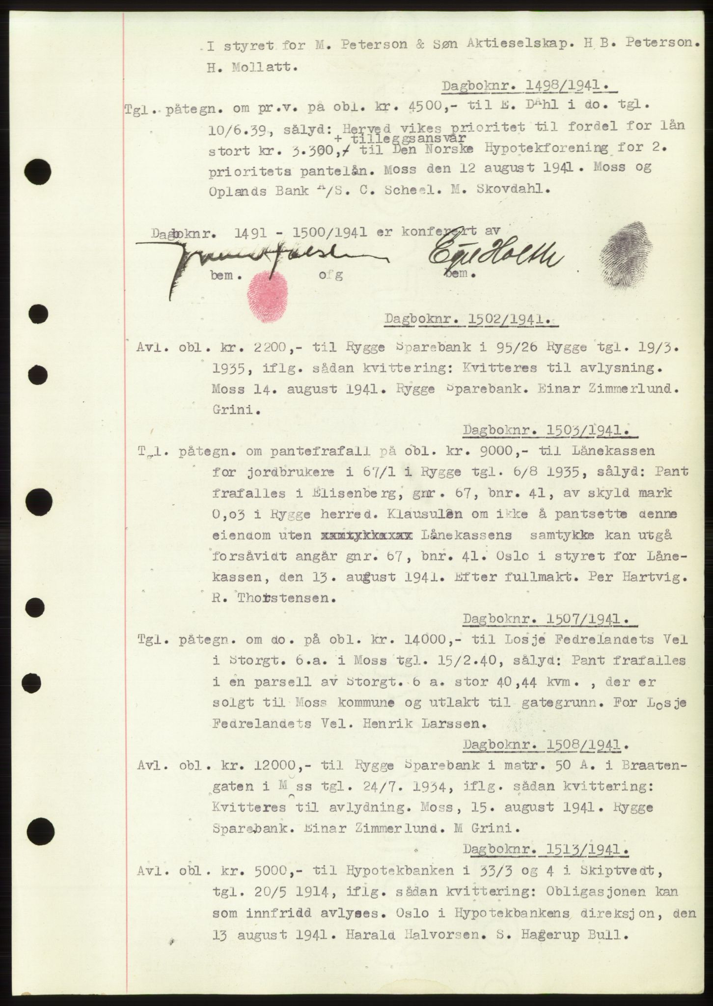 Moss sorenskriveri, SAO/A-10168: Pantebok nr. C10, 1938-1950, Dagboknr: 1498/1941