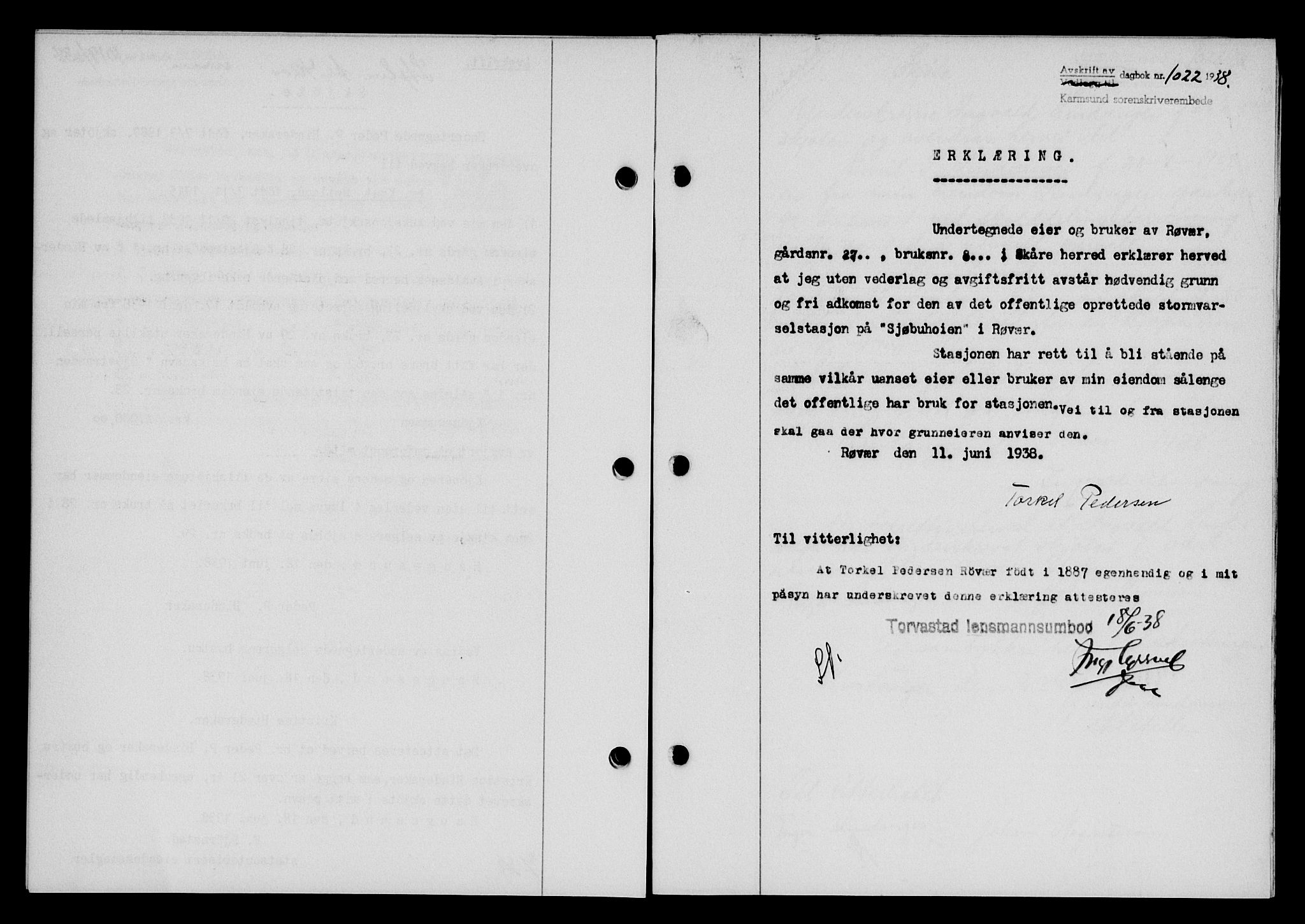 Karmsund sorenskriveri, SAST/A-100311/01/II/IIB/L0069: Pantebok nr. 50A, 1937-1938, Dagboknr: 1022/1938
