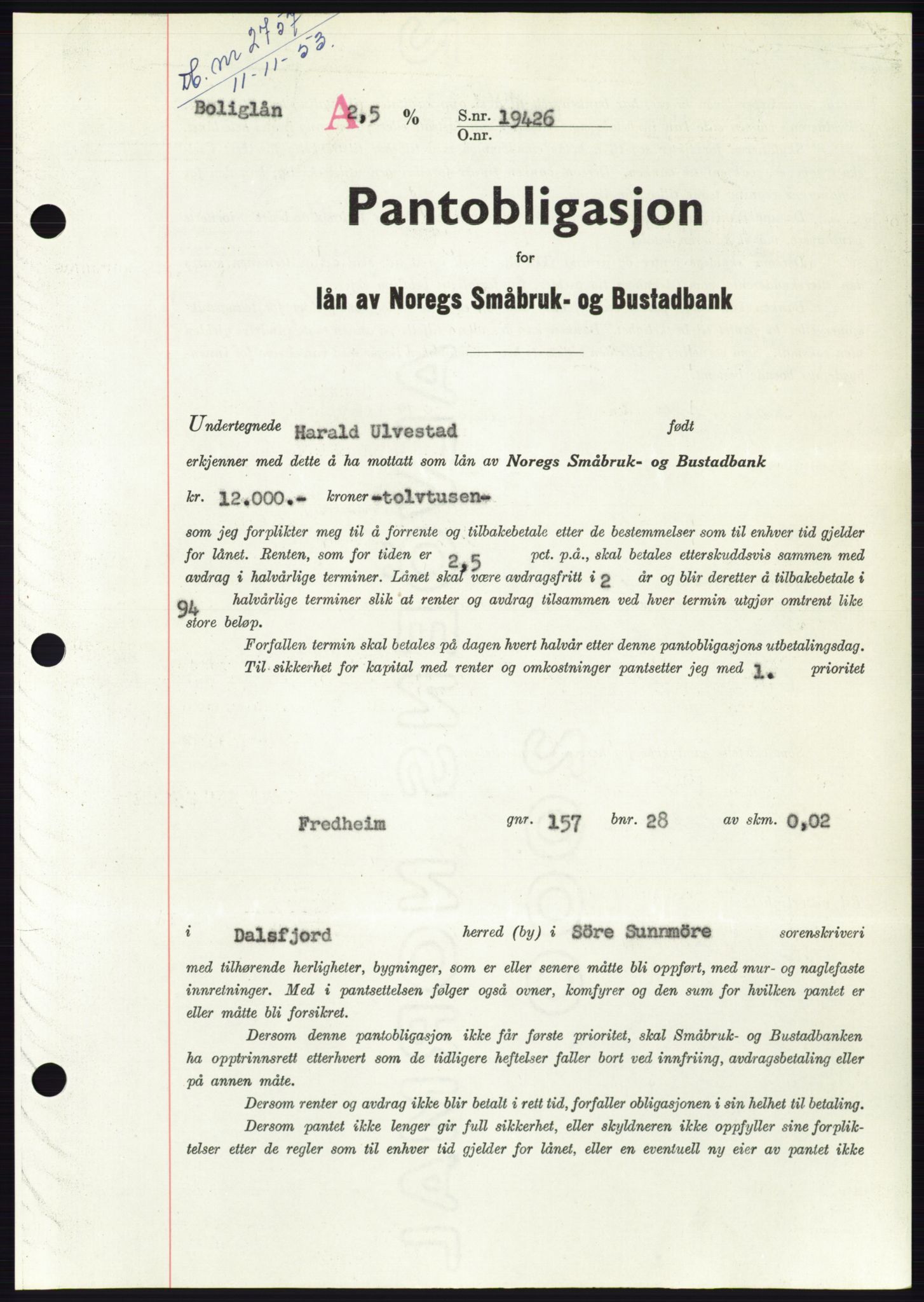Søre Sunnmøre sorenskriveri, SAT/A-4122/1/2/2C/L0124: Pantebok nr. 12B, 1953-1954, Dagboknr: 2757/1953