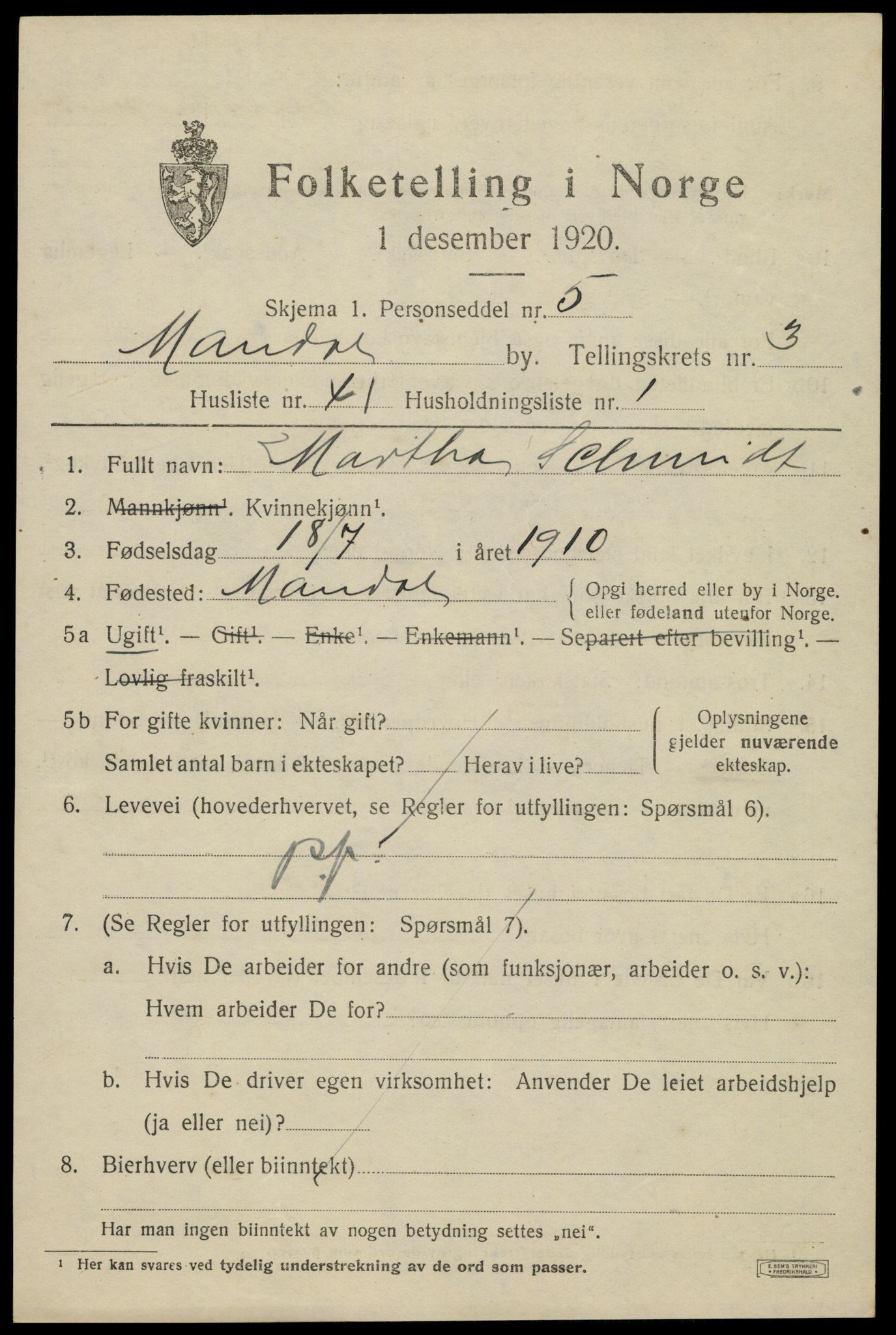 SAK, Folketelling 1920 for 1002 Mandal ladested, 1920, s. 5877