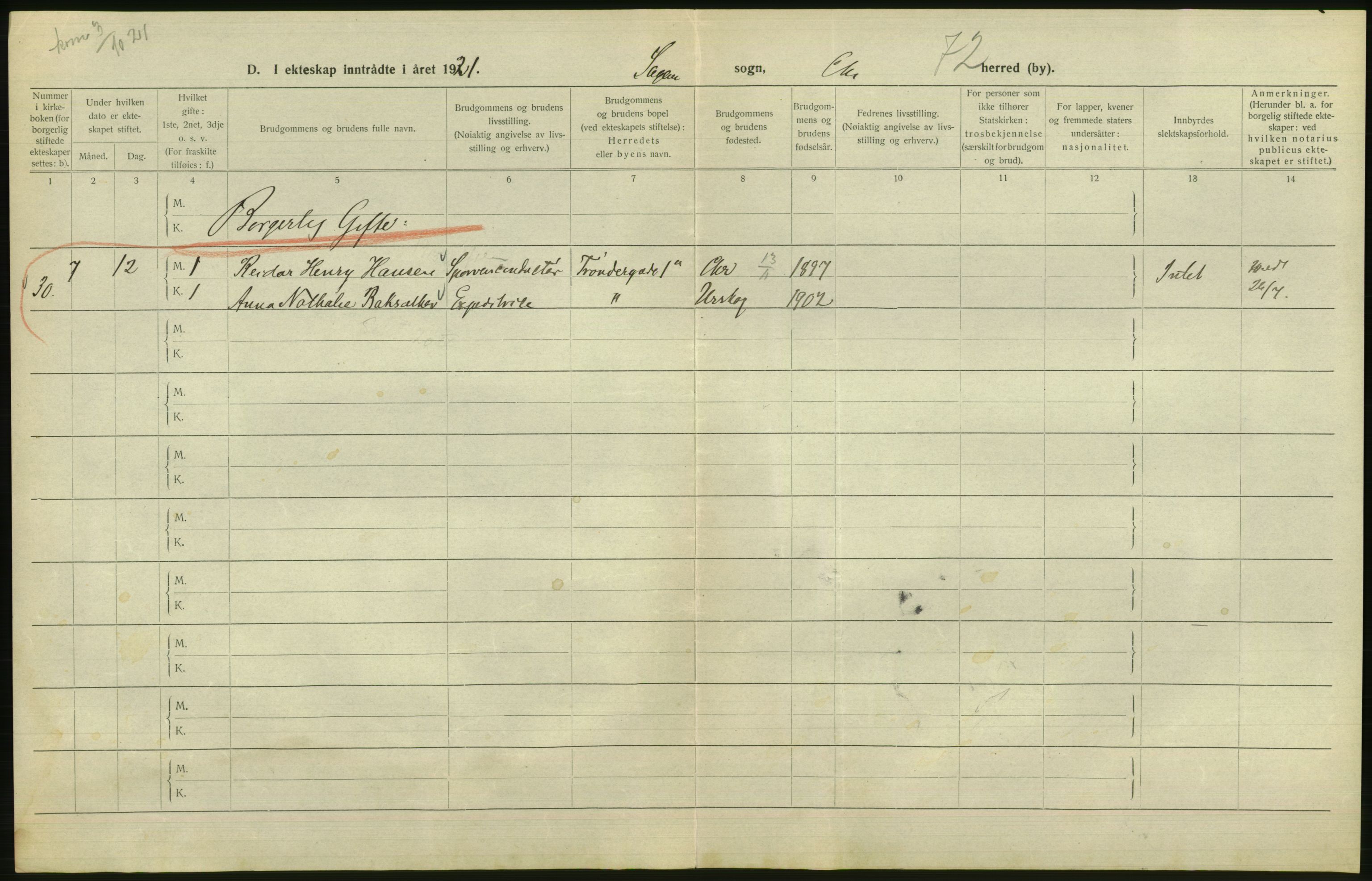 Statistisk sentralbyrå, Sosiodemografiske emner, Befolkning, AV/RA-S-2228/D/Df/Dfc/Dfca/L0011: Kristiania: Gifte, 1921, s. 406